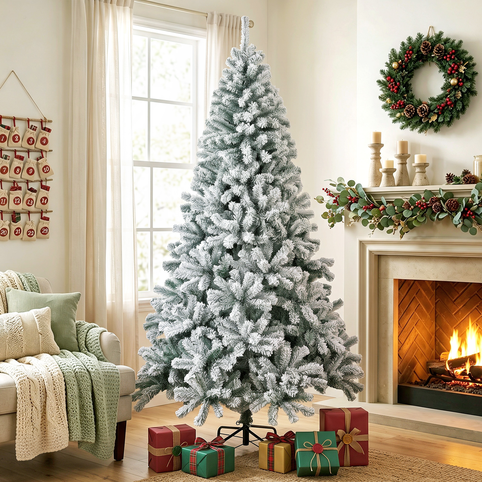 Un árbol de Navidad nevado en una sala con chimenea, regalos envueltos y calendario de adviento.