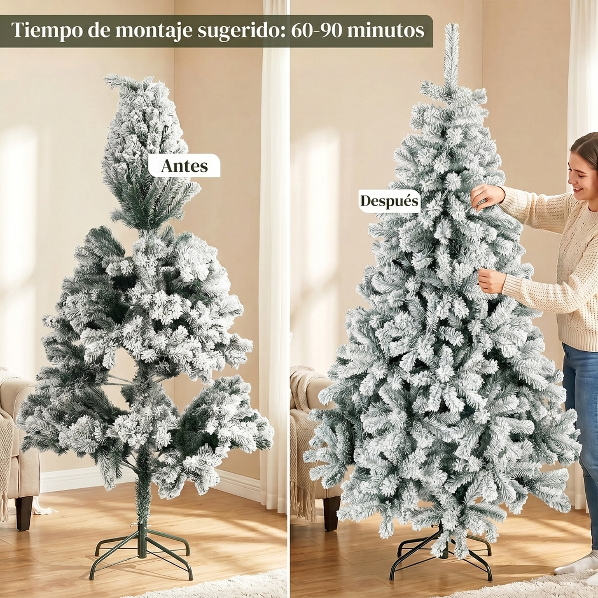 Comparación antes y después de ahuecar un árbol de Navidad artificial flocado con una mujer moldeando ramas.