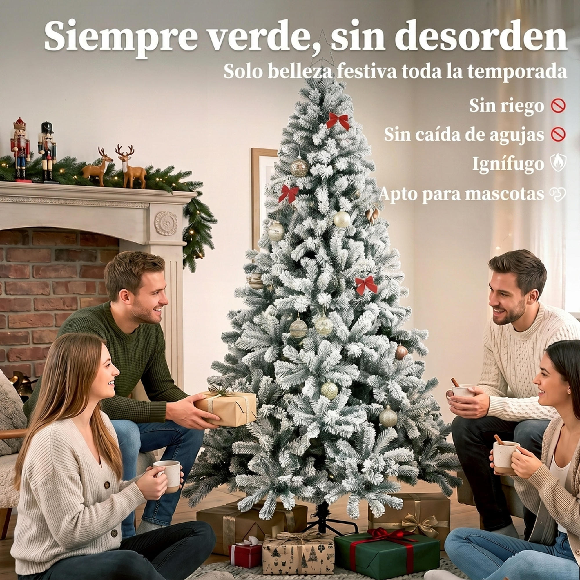 Cuatro personas se sientan felizmente alrededor de un árbol de Navidad artificial decorado con regalos y texto.