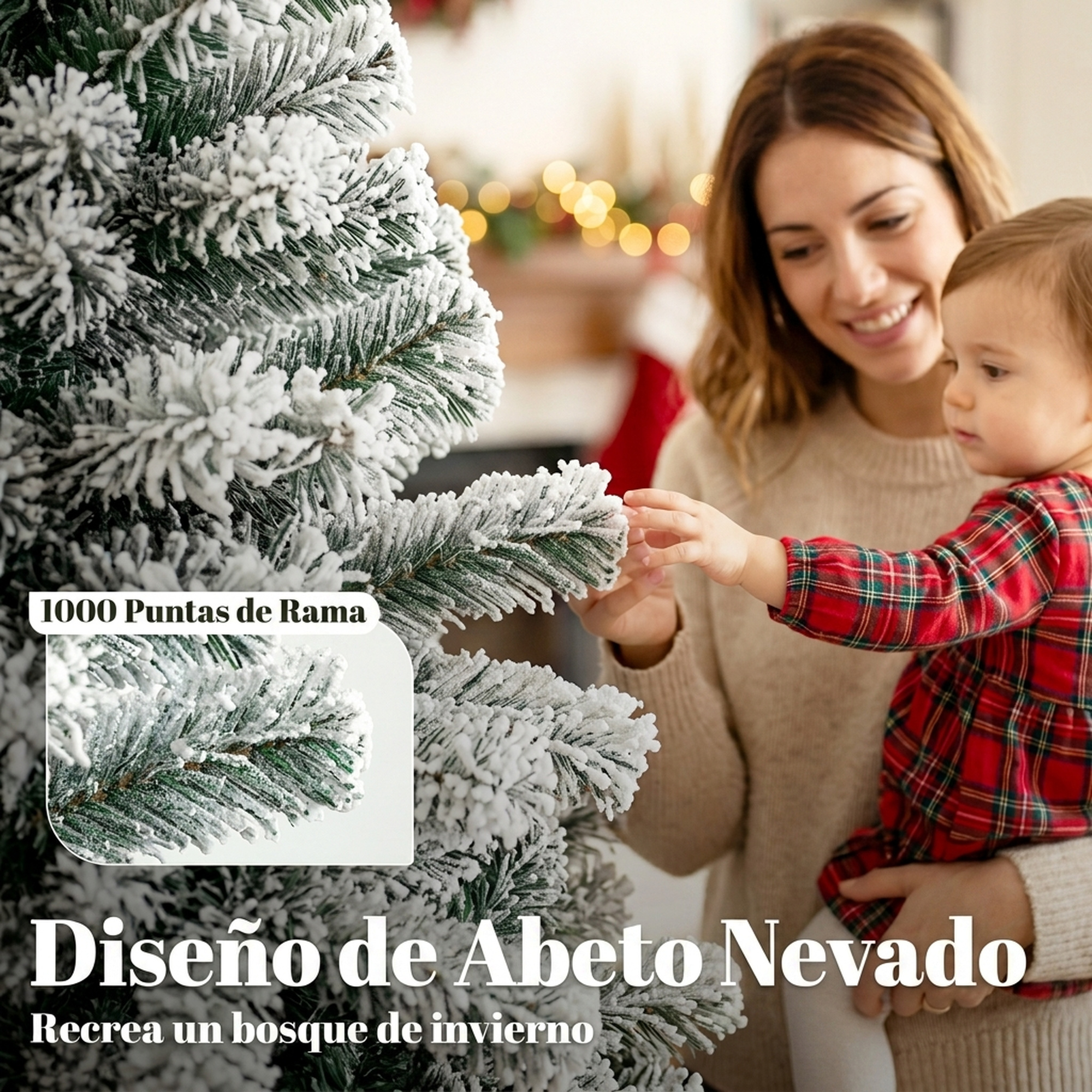 Una mujer sostiene a un niño que toca un árbol de Navidad artificial nevado.