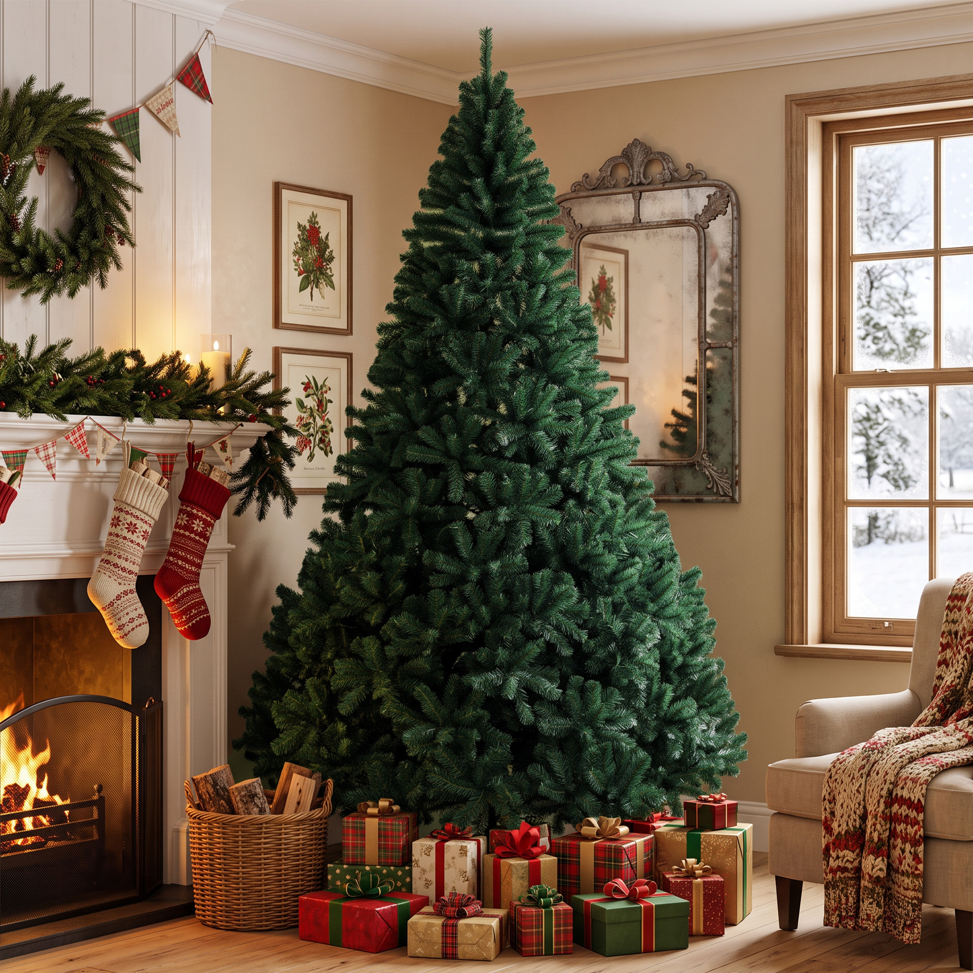 Una sala de estar decorada con árbol de Navidad, chimenea, regalos y un sillón junto a una ventana nevada.