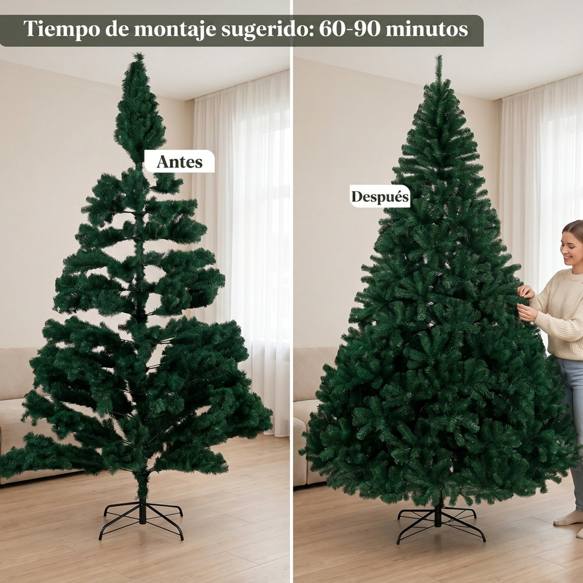 Comparación de dos árboles de navidad artificiales: antes y después del montaje.