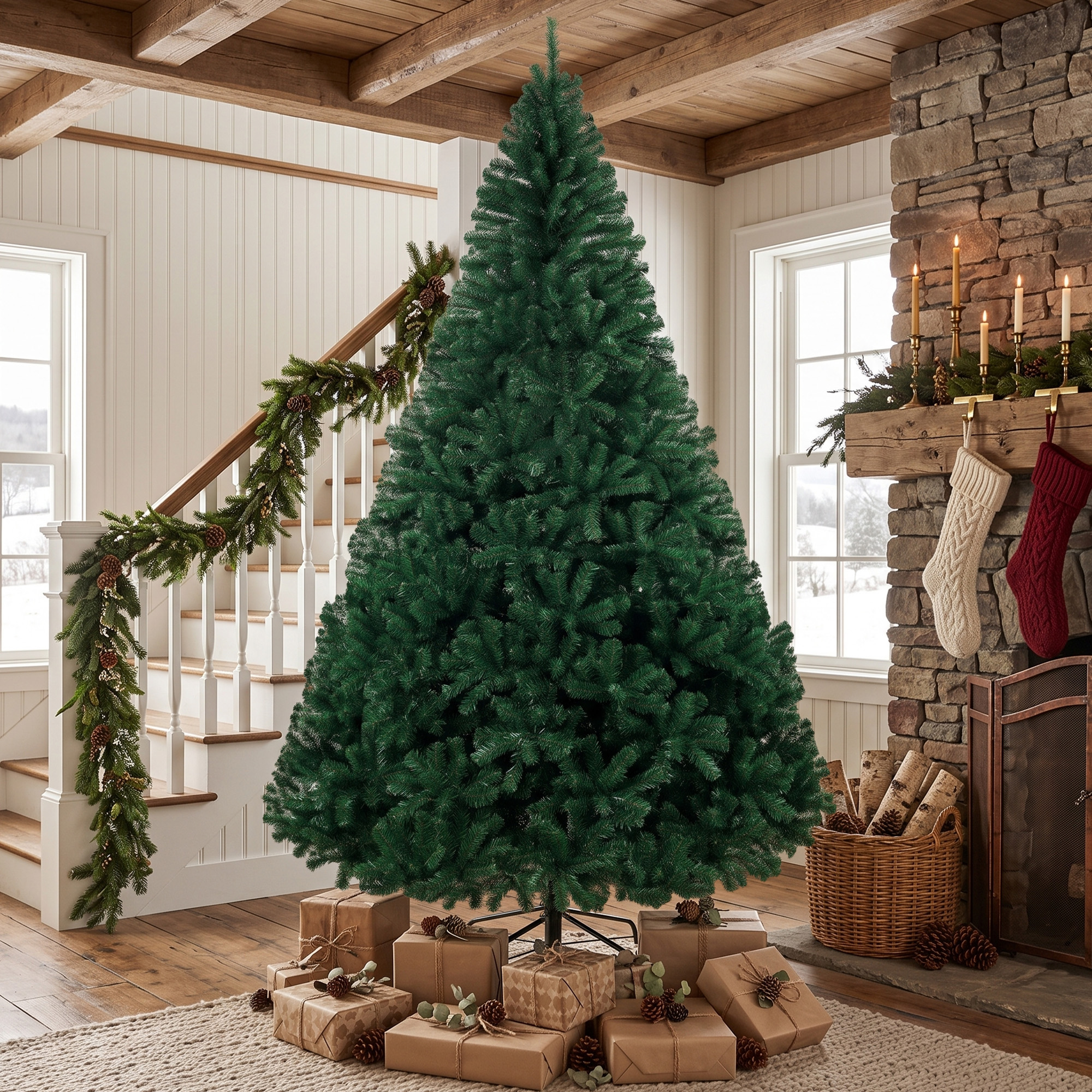 Un árbol de Navidad grande y sin decorar se encuentra en una sala de estar acogedora con regalos, chimenea y escalera.