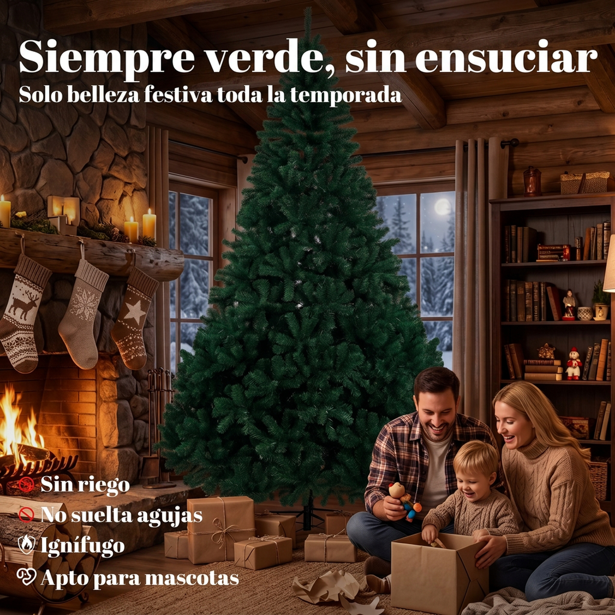 Una familia se sienta junto a un árbol de Navidad en un salón con chimenea.