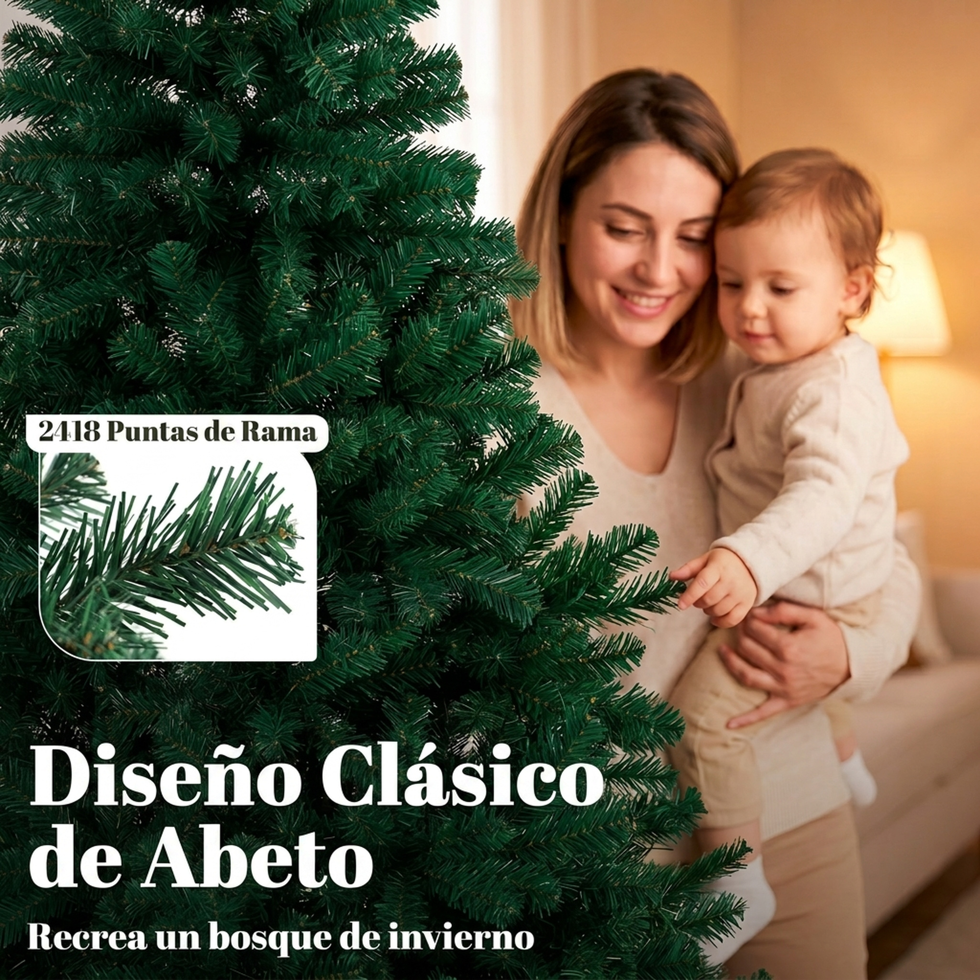 Una mujer sostiene a un niño pequeño que señala un árbol de Navidad verde, con texto.