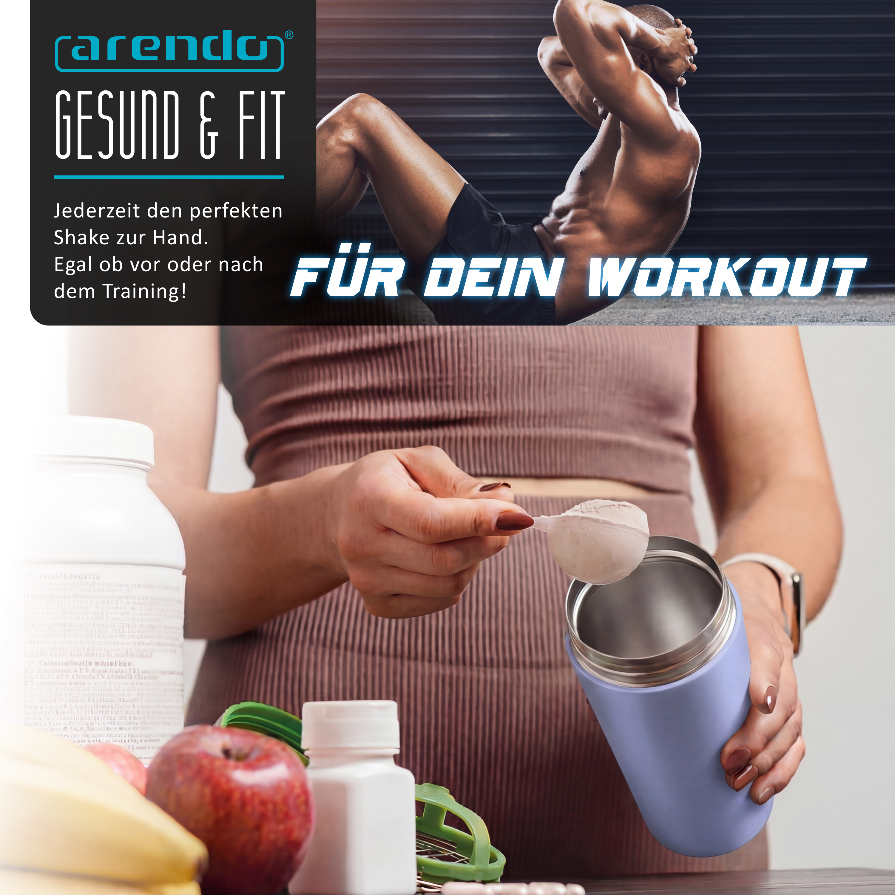 Eine Person füllt Proteinpulver in einen Shaker, umgeben von Obst und Fitness-Equipment.