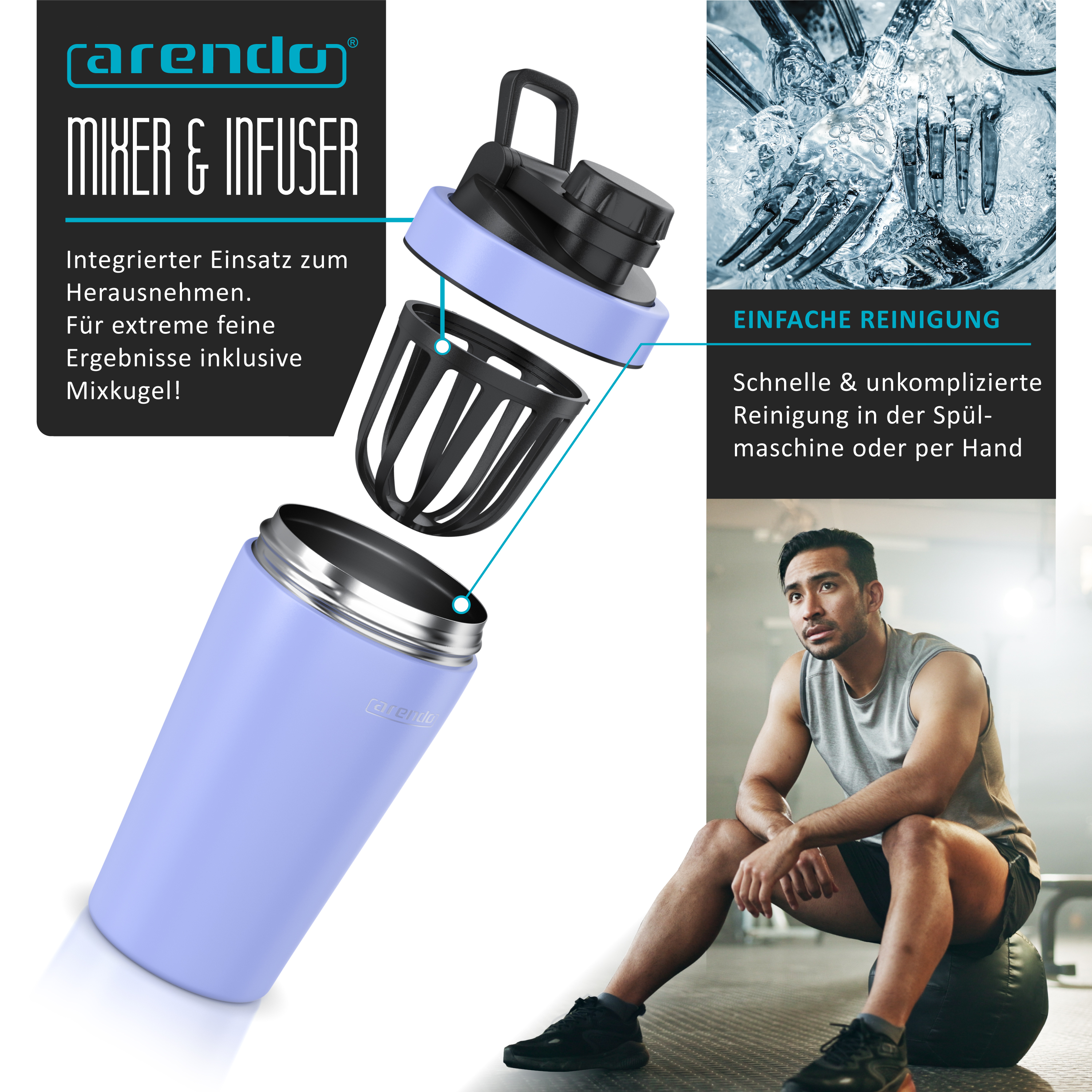 Eine Mixflasche mit herausnehmbaren Teilen, Reinigungsdemo und ein Sportler im Fitnessstudio.