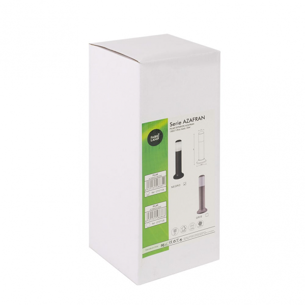 Caja de producto blanca con etiqueta verde que muestra imágenes y códigos de barras de una luz exterior.