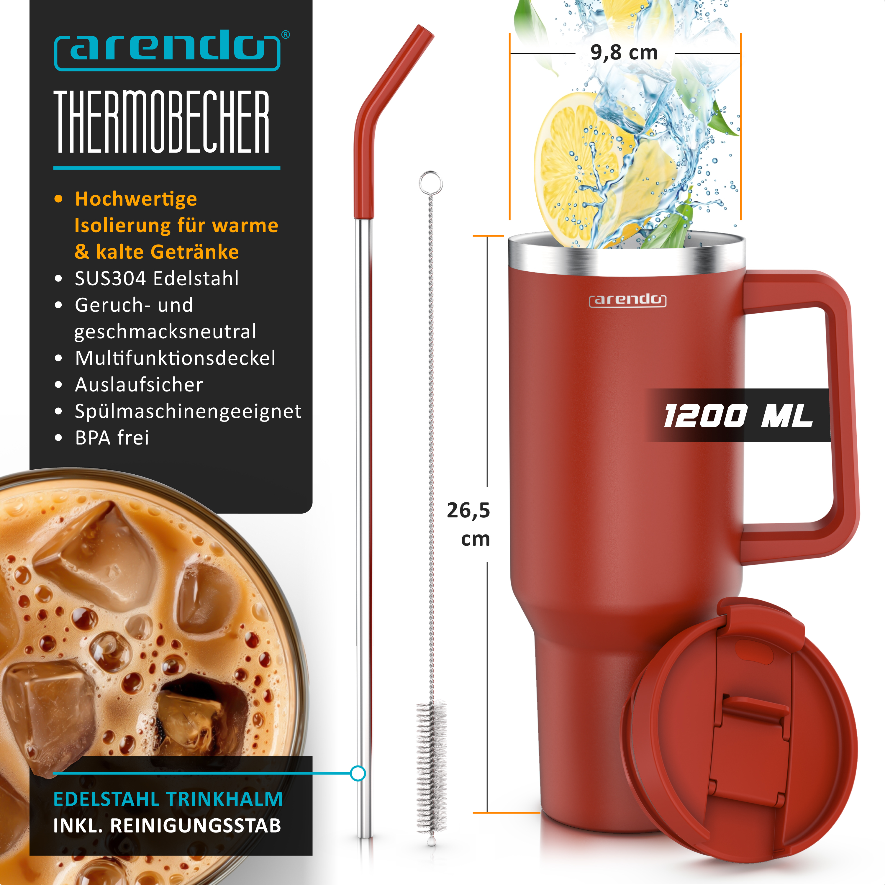 Roter Arendo Thermobecher (1200 ml) mit Strohhalm, Reinigungsstab und Maßen.