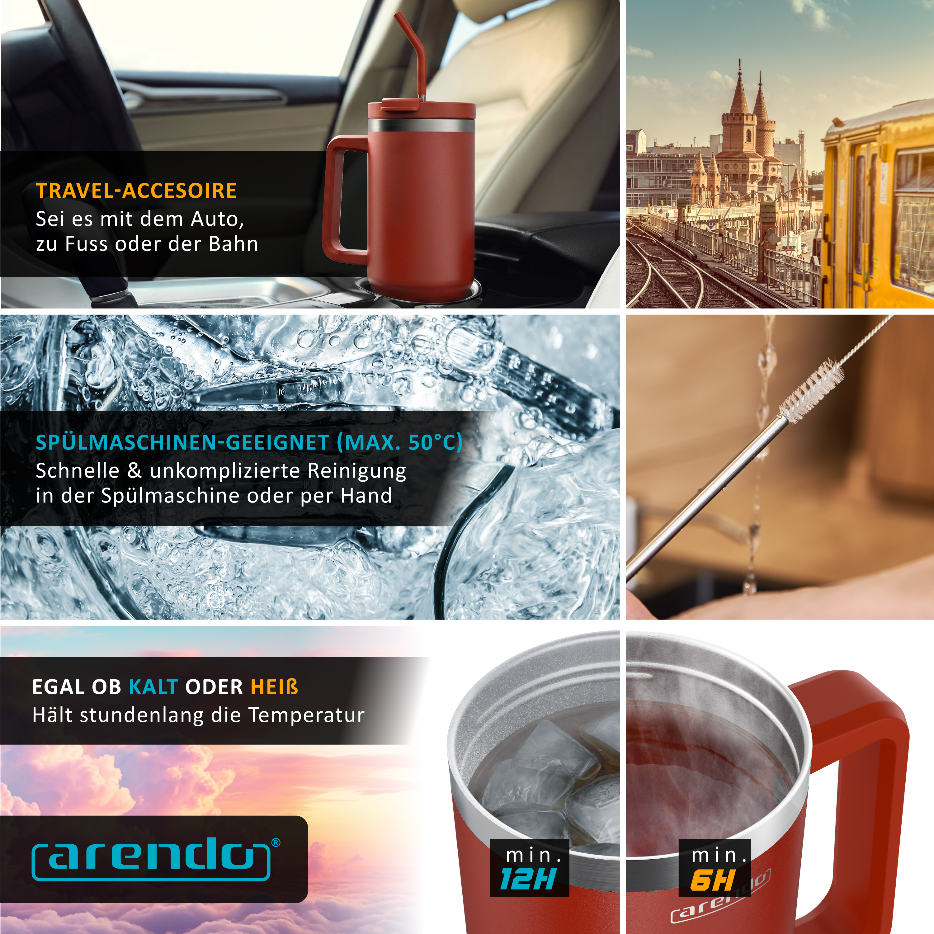 Collage mit rotem Reisebecher im Auto, Spülwasser, Reinigungsbürste und heißem oder kaltem Getränk.