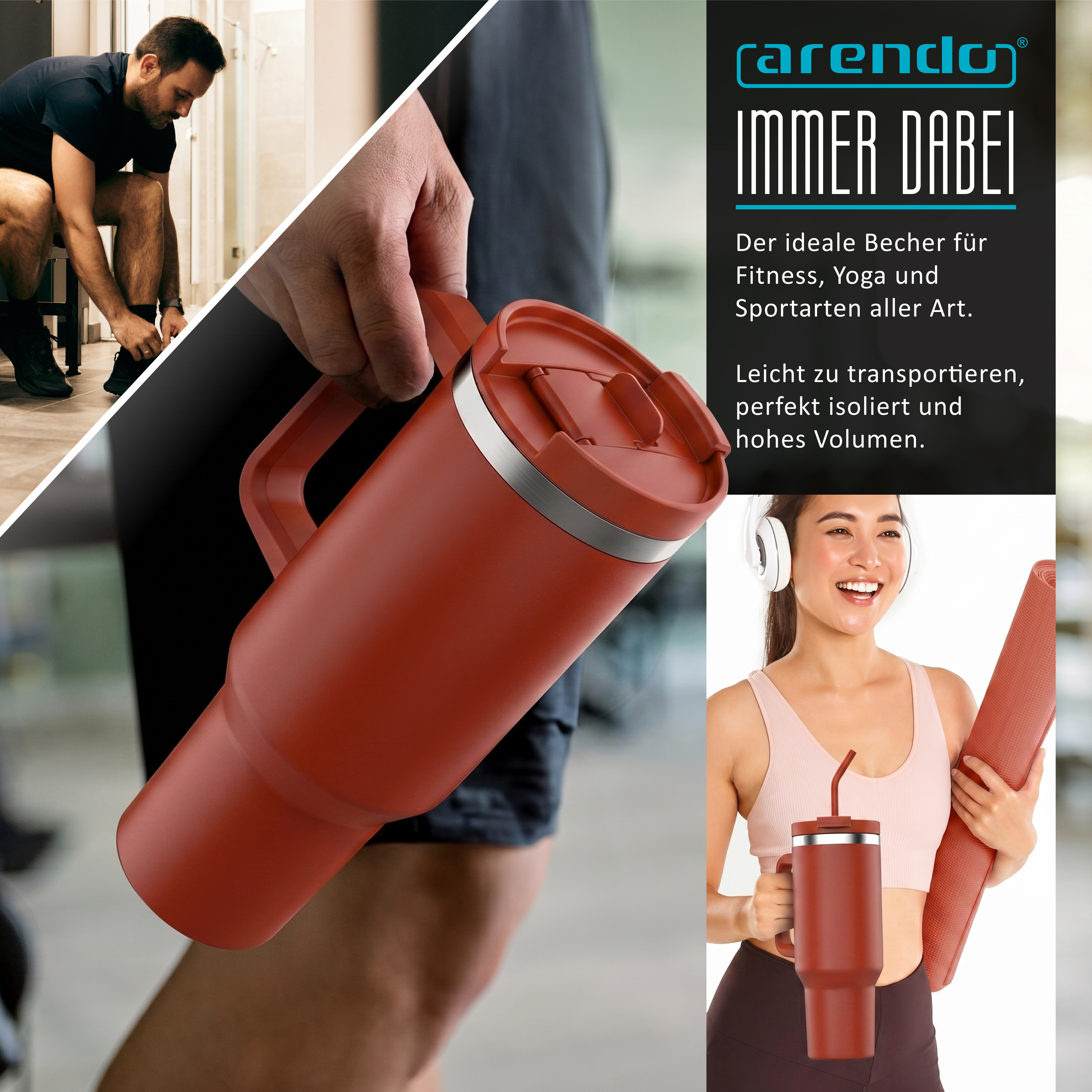 Eine Hand hält eine große rote Thermosflasche; im Hintergrund trainierende Personen und Text.