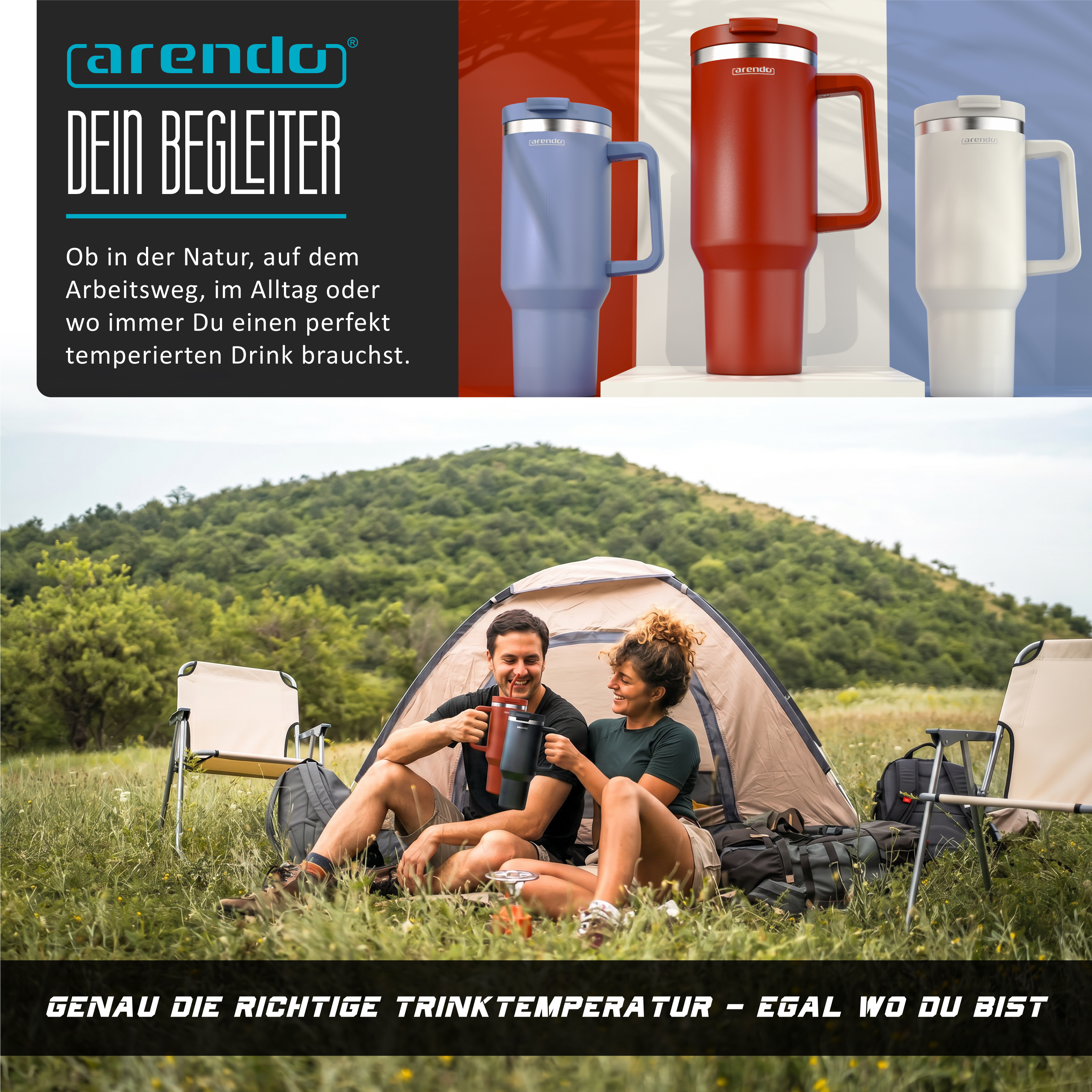 Ein lächelndes Paar campt vor einem Zelt auf einer Wiese und hält Becher. Oben sind drei Isoliertassen zu sehen.