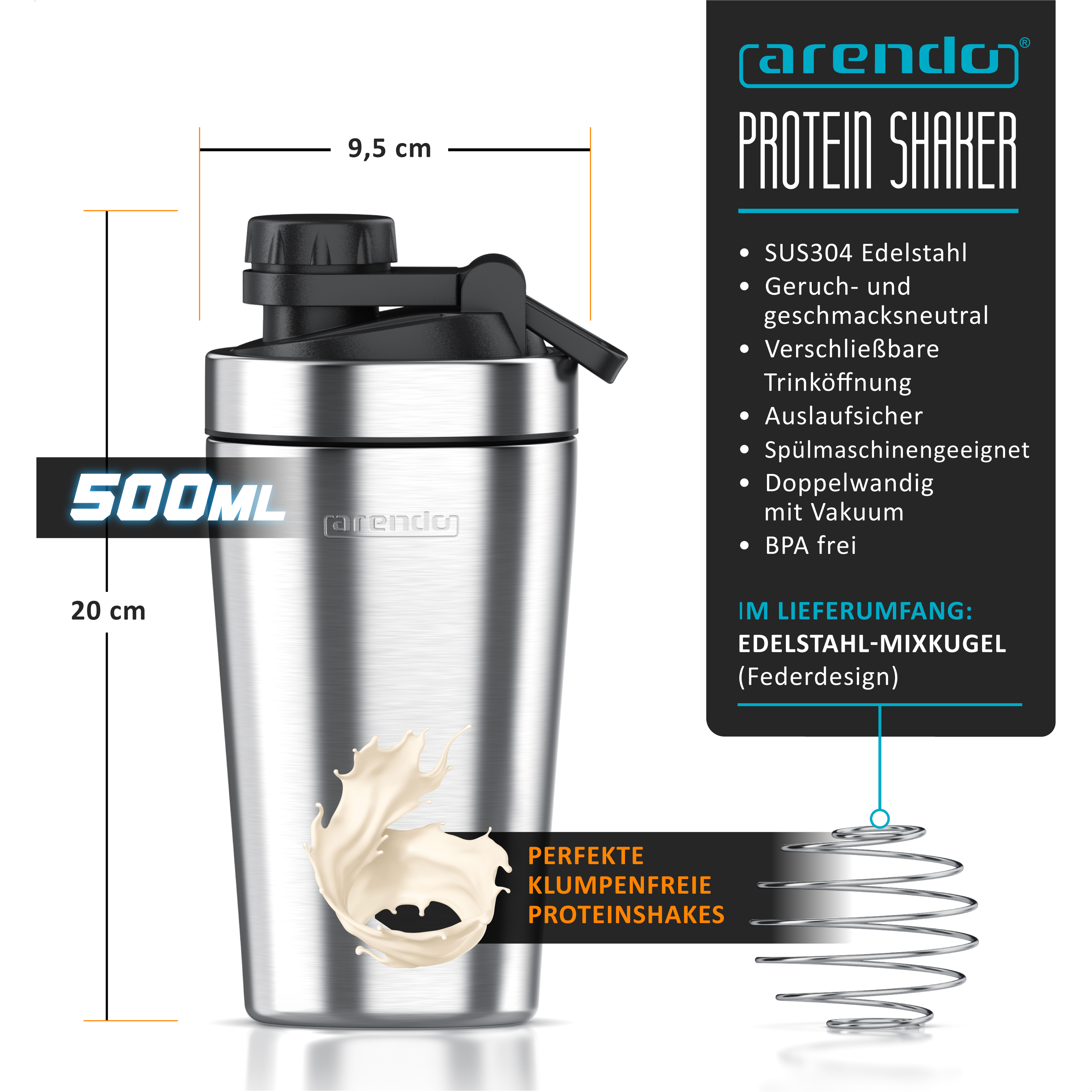 Arendo Edelstahl 500ml Protein-Shaker mit Maßen, Eigenschaften und Mixkugel vor weißem Hintergrund.
