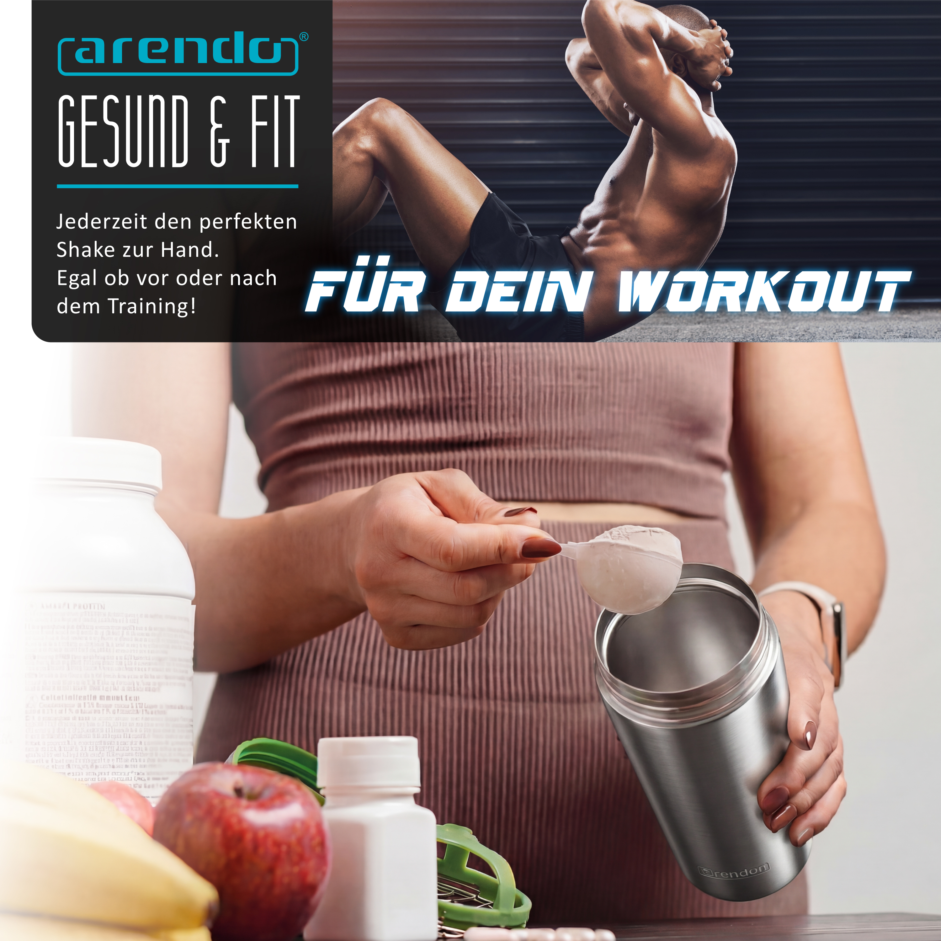 Eine Frau füllt Proteinpulver in einen Shaker, umgeben von Obst und Fitness-Utensilien.