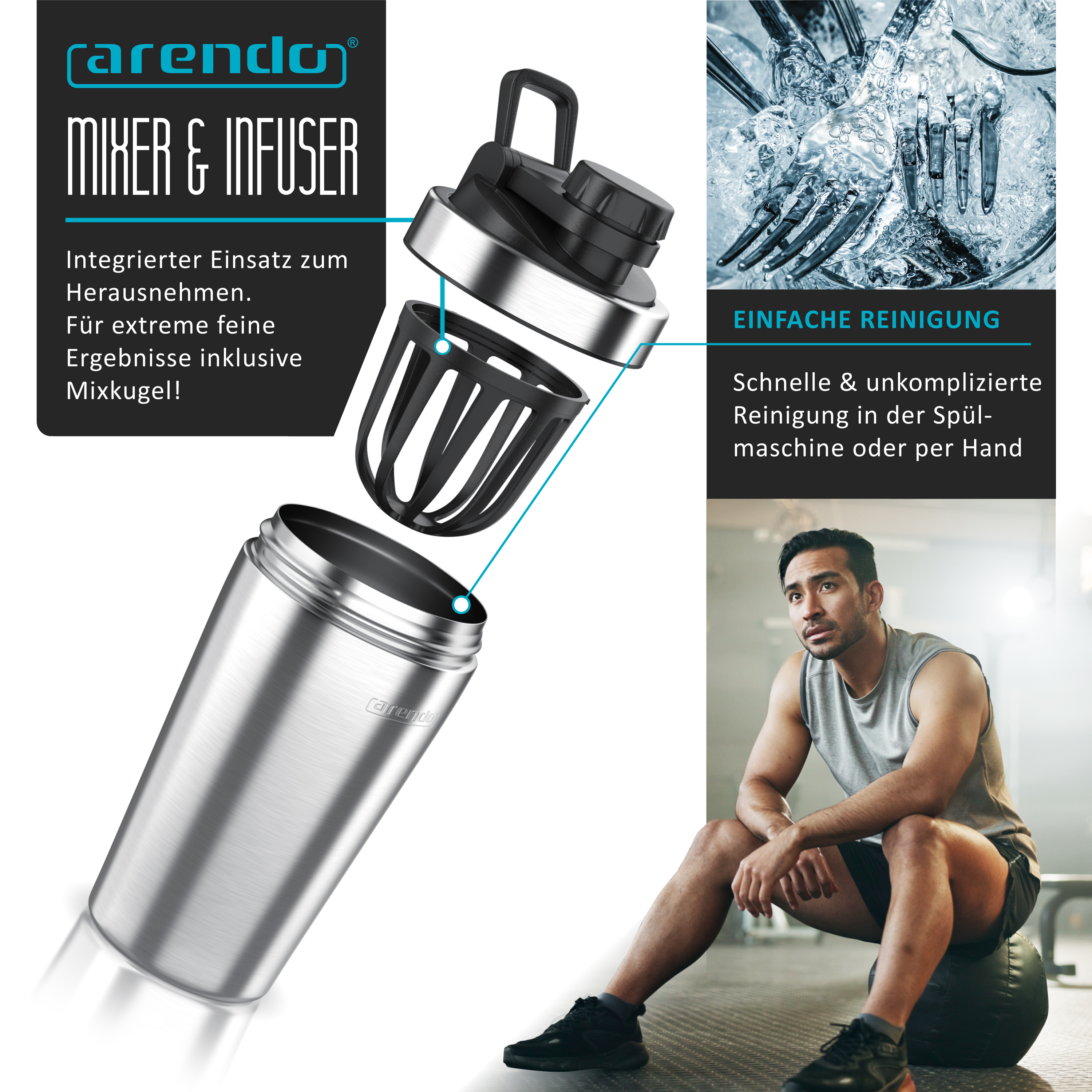 Arendo Mixer und Infuser Edelstahl-Shaker mit herausnehmbarem Einsatz, leichter Reinigung und Athleten-Szene.