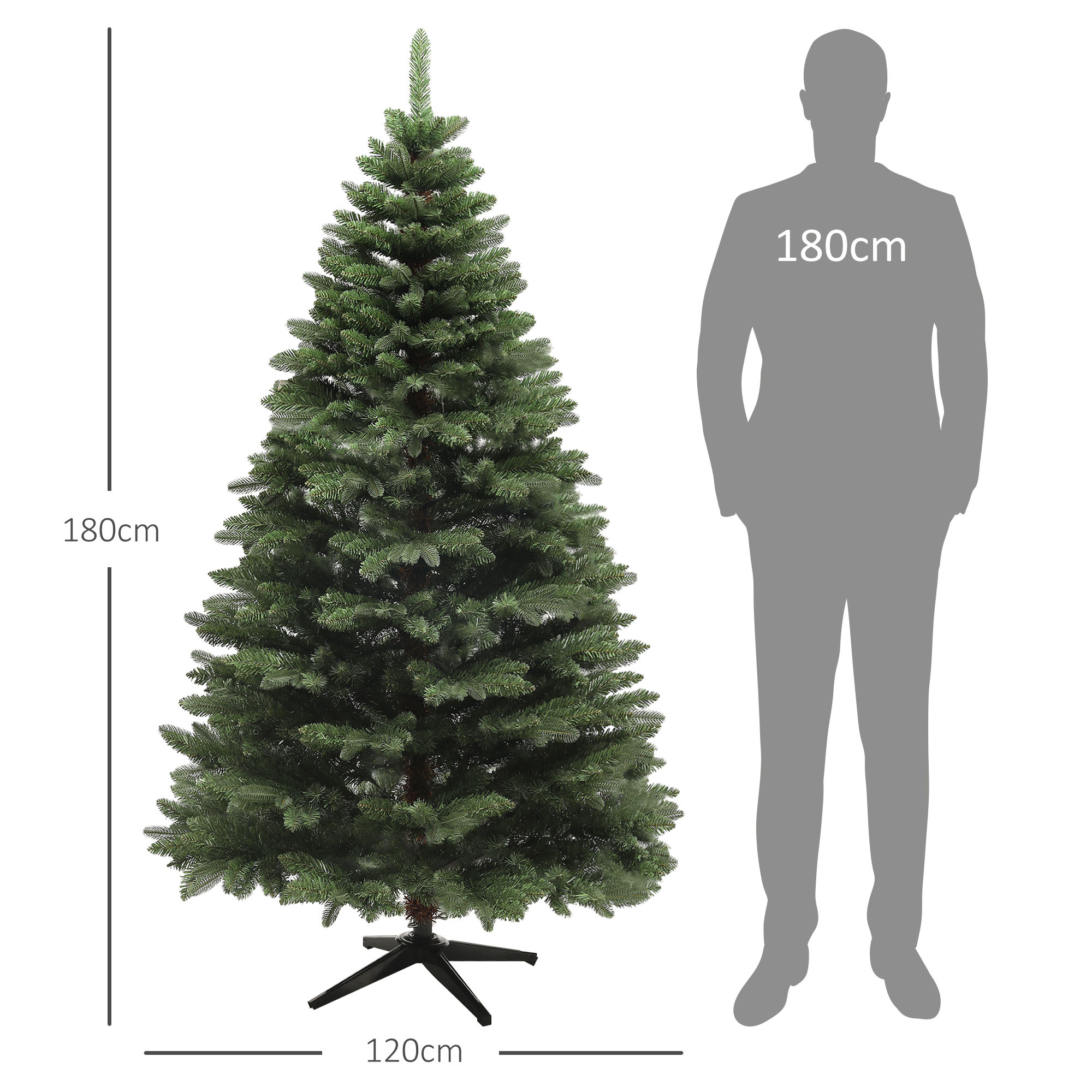 Un árbol de Navidad artificial de 180 cm junto a una silueta humana gris de 180 cm con medidas.