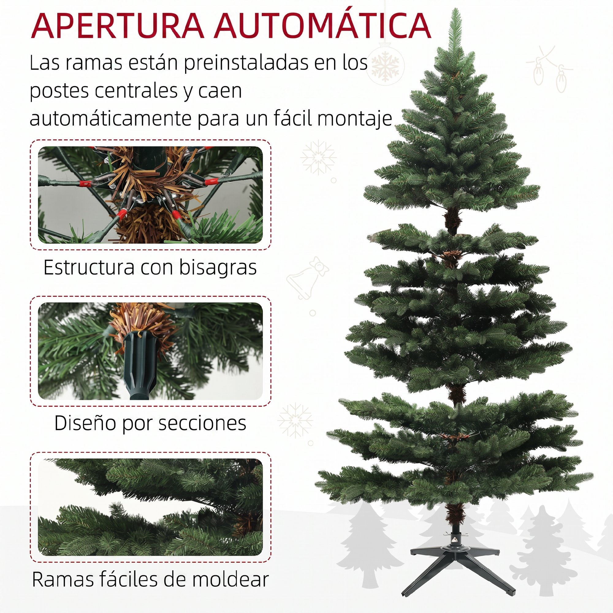 Infografía muestra un árbol de Navidad artificial verde con detalles de estructura con bisagras, secciones y ramas.