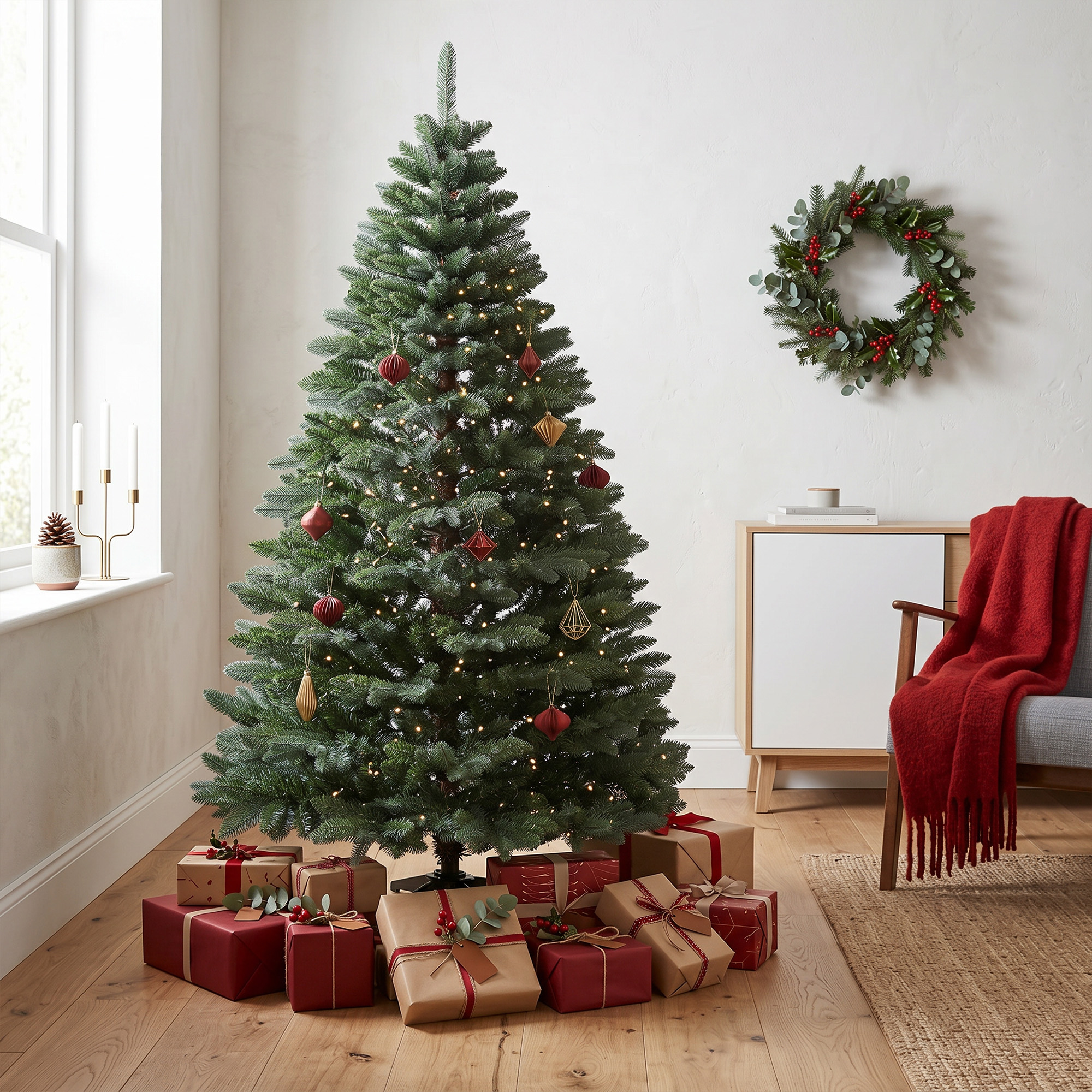 Un árbol de Navidad decorado con luces y adornos se encuentra rodeado de regalos envueltos en un suelo de madera.