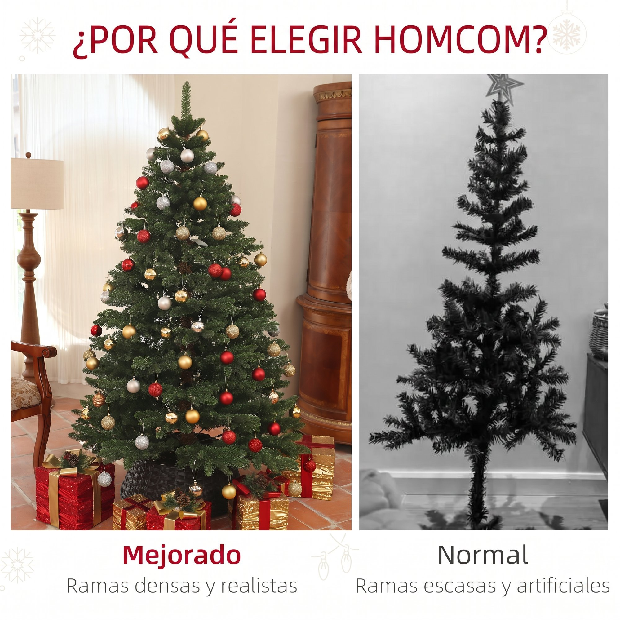 Comparación de dos árboles de Navidad: la izquierda muestra un árbol denso y realista, la derecha uno escaso.