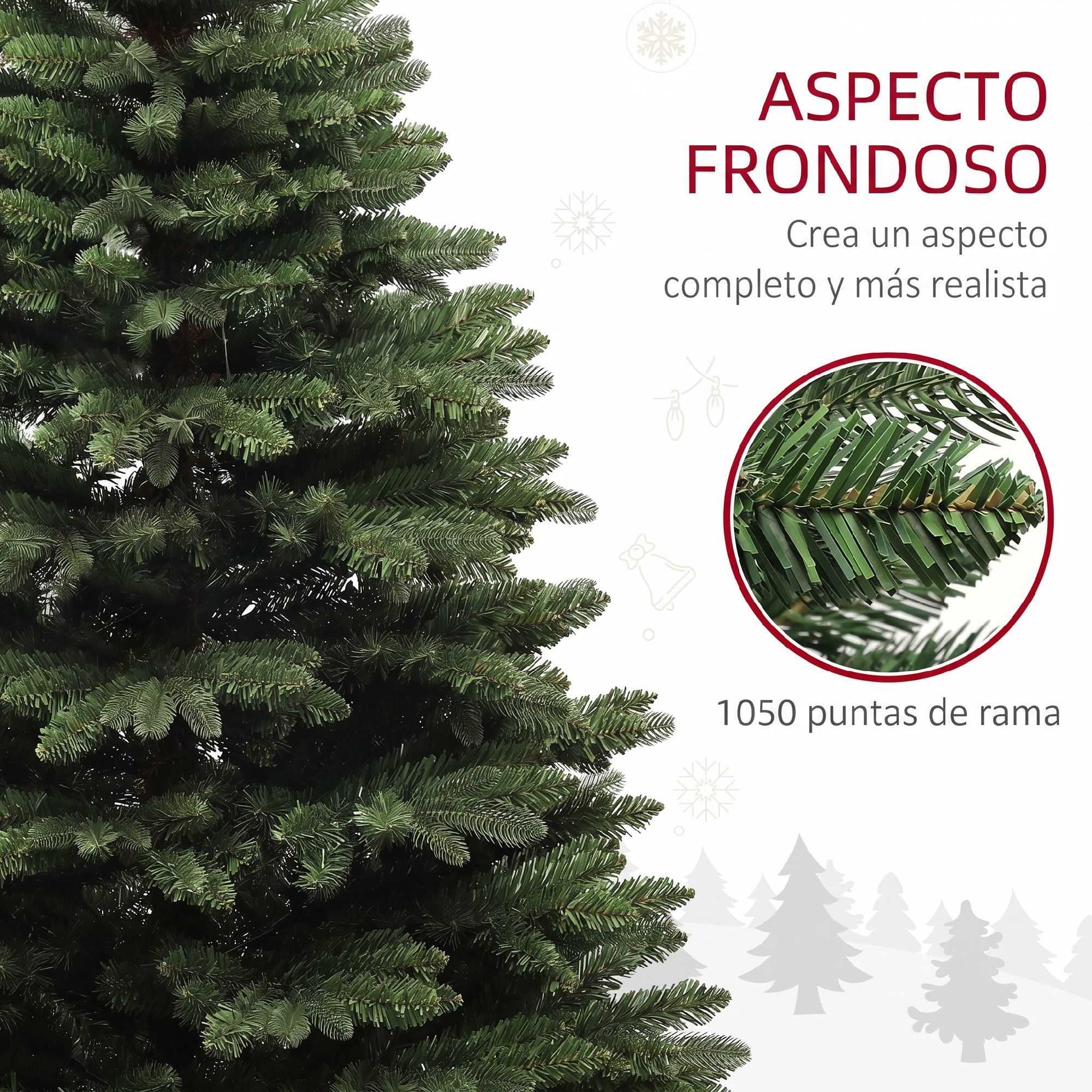Árbol de navidad artificial frondoso con 1050 puntas de rama y detalle de agujas.