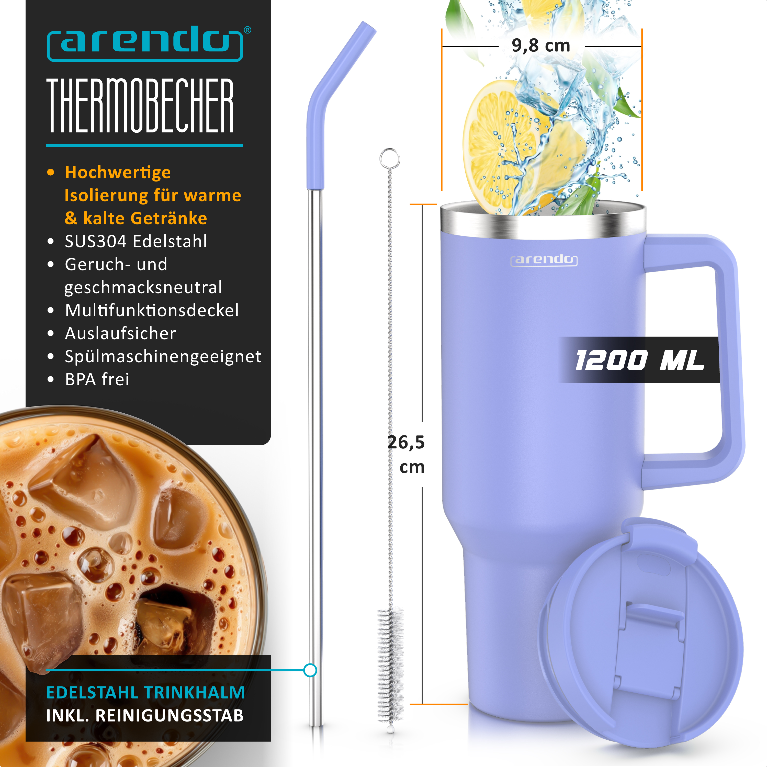 Lila Arendo Thermobecher 1200ml mit Edelstahl-Trinkhalm, Reinigungsstab und Deckel vor schwarzer Infotafel.
