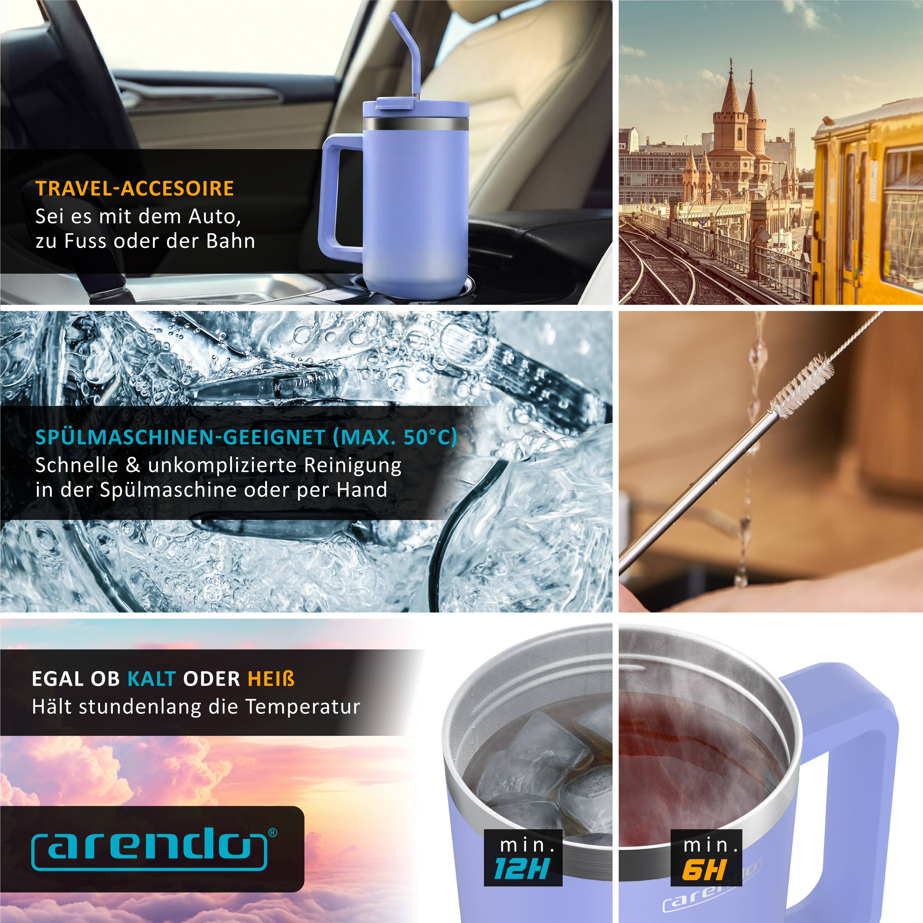 Lila Thermobecher im Auto, beim Spülen, mit Reinigungsbürste, eisgekühlt und heißerem Getränk.