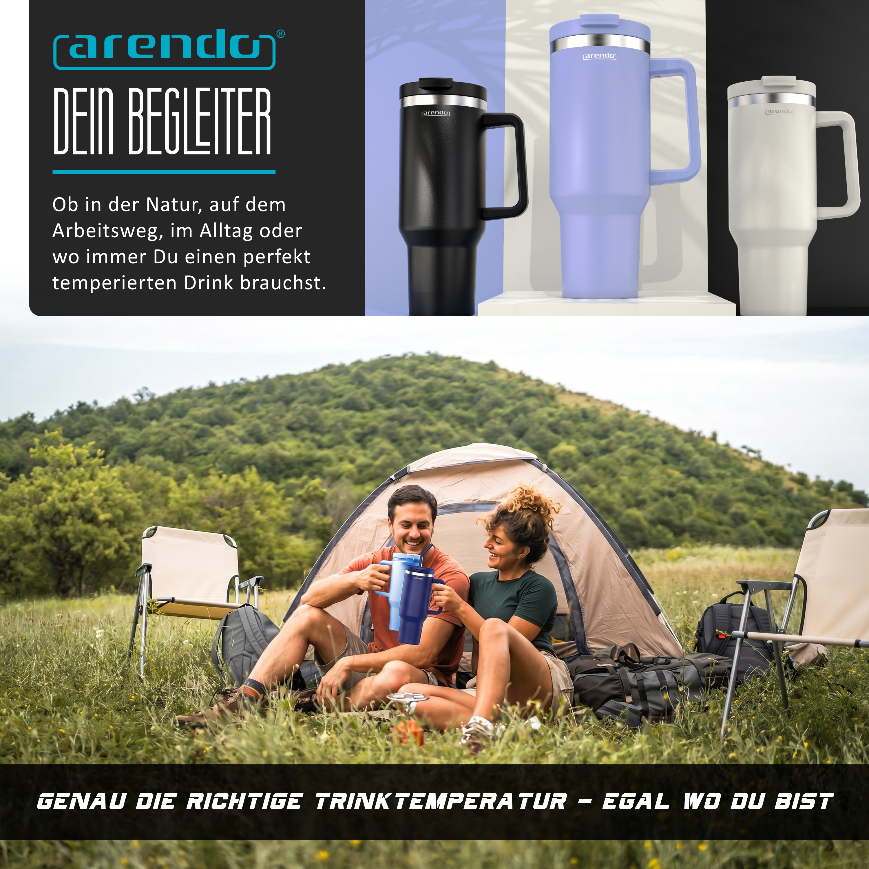 Werbebild für Arendo Isoliermuscheln mit drei Tassen oben und einem Campingpaar unten vor einem Zelt.