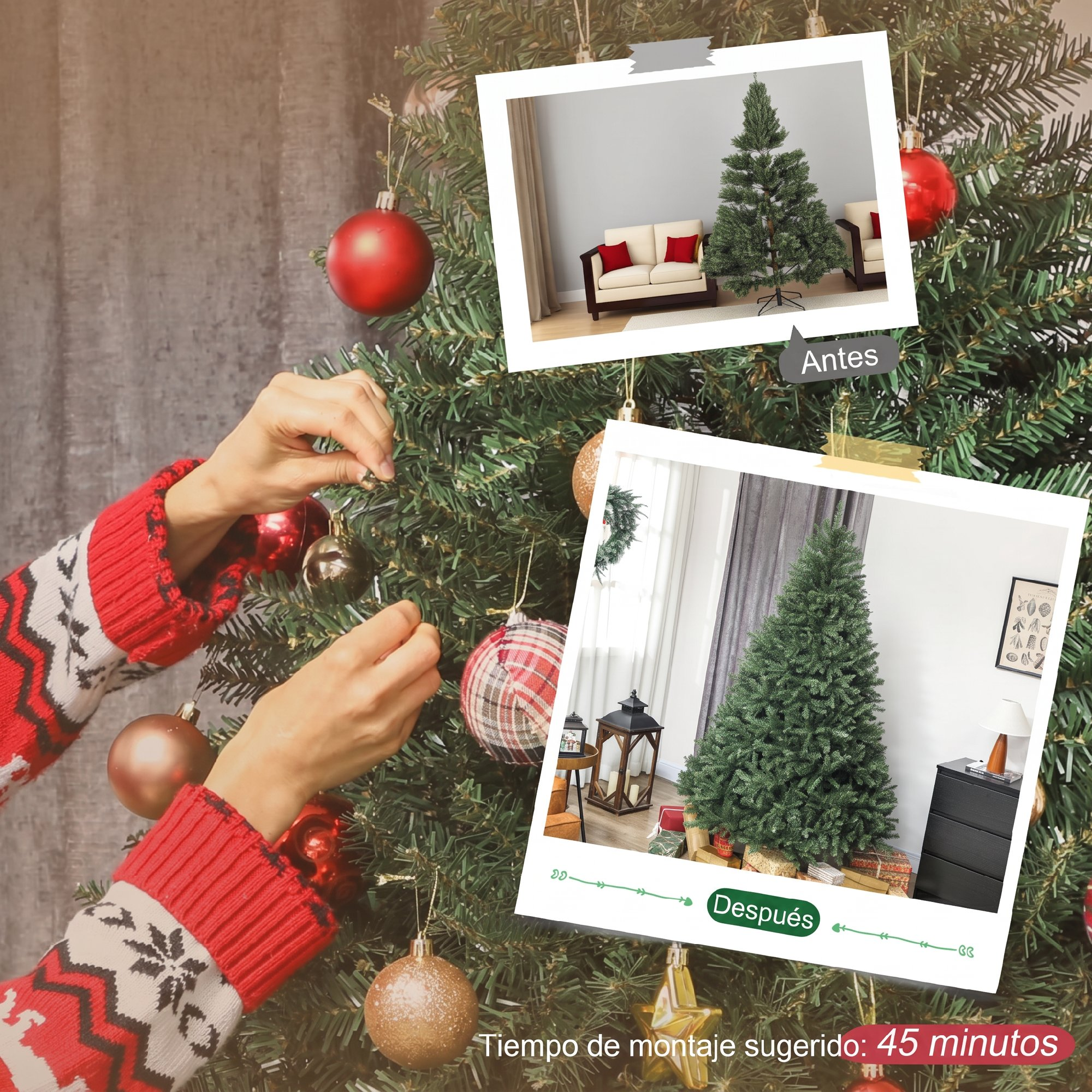Persona en suéter navideño decora árbol, mostrando fotos de antes y después.