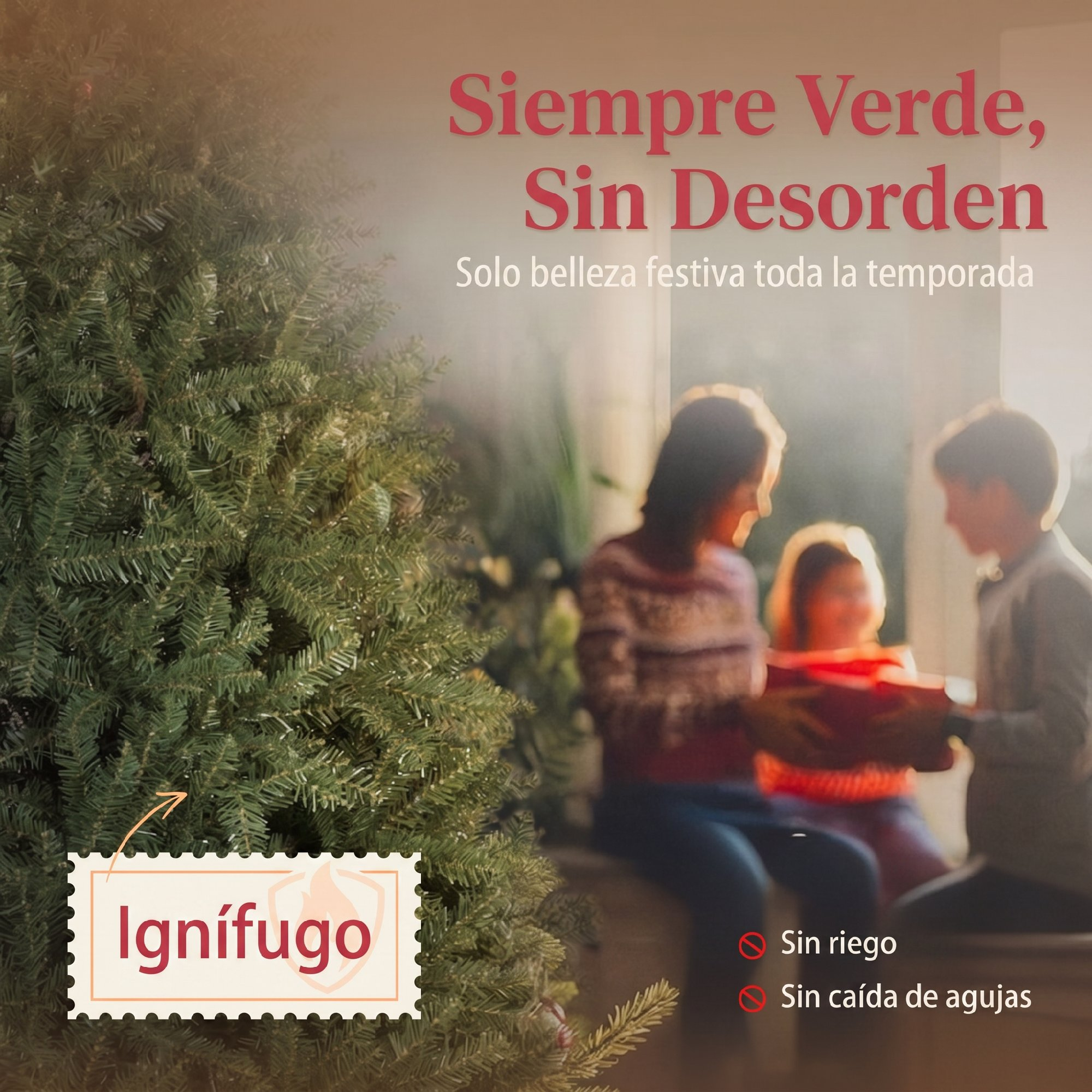 Árbol de Navidad artificial ignífugo y siempre verde con una familia al fondo abriendo regalos.