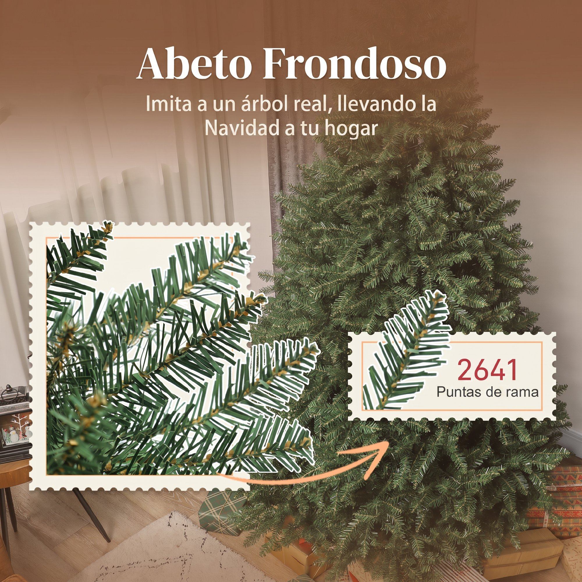 Un abeto artificial frondoso con 2641 puntas de rama y regalos debajo.