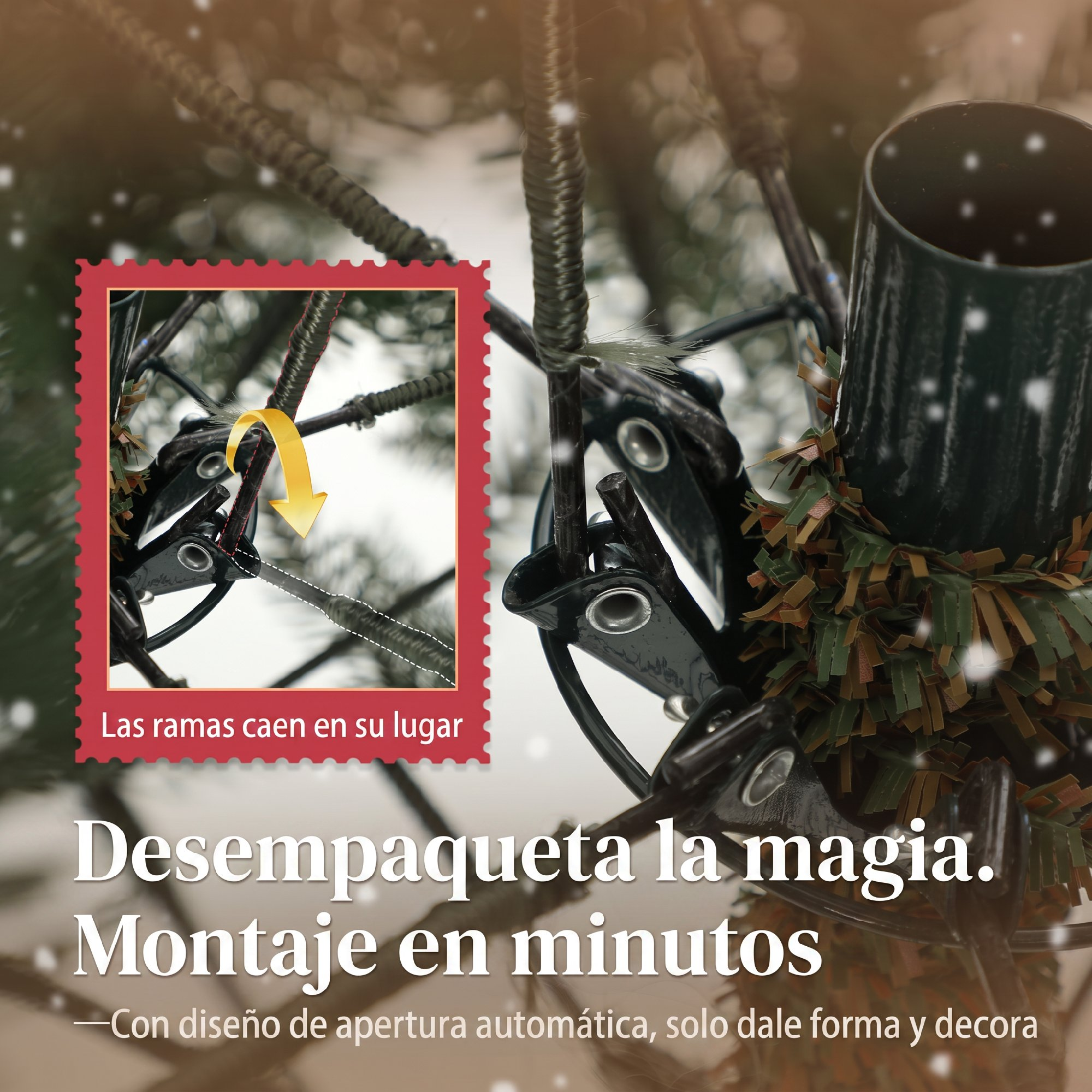 Estructura metálica de un árbol de Navidad artificial con bisagra para montaje automático.