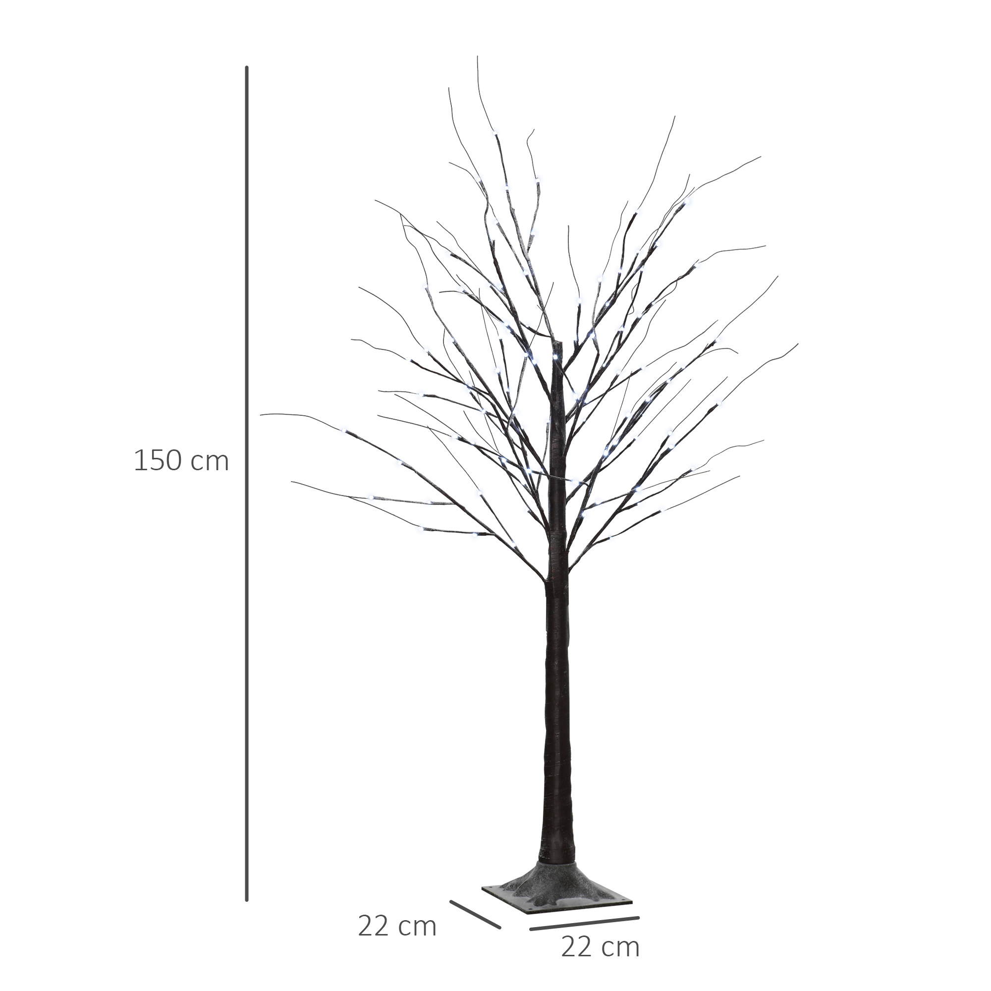 Un árbol decorativo negro de 150 cm de alto con luces LED sobre una base cuadrada.
