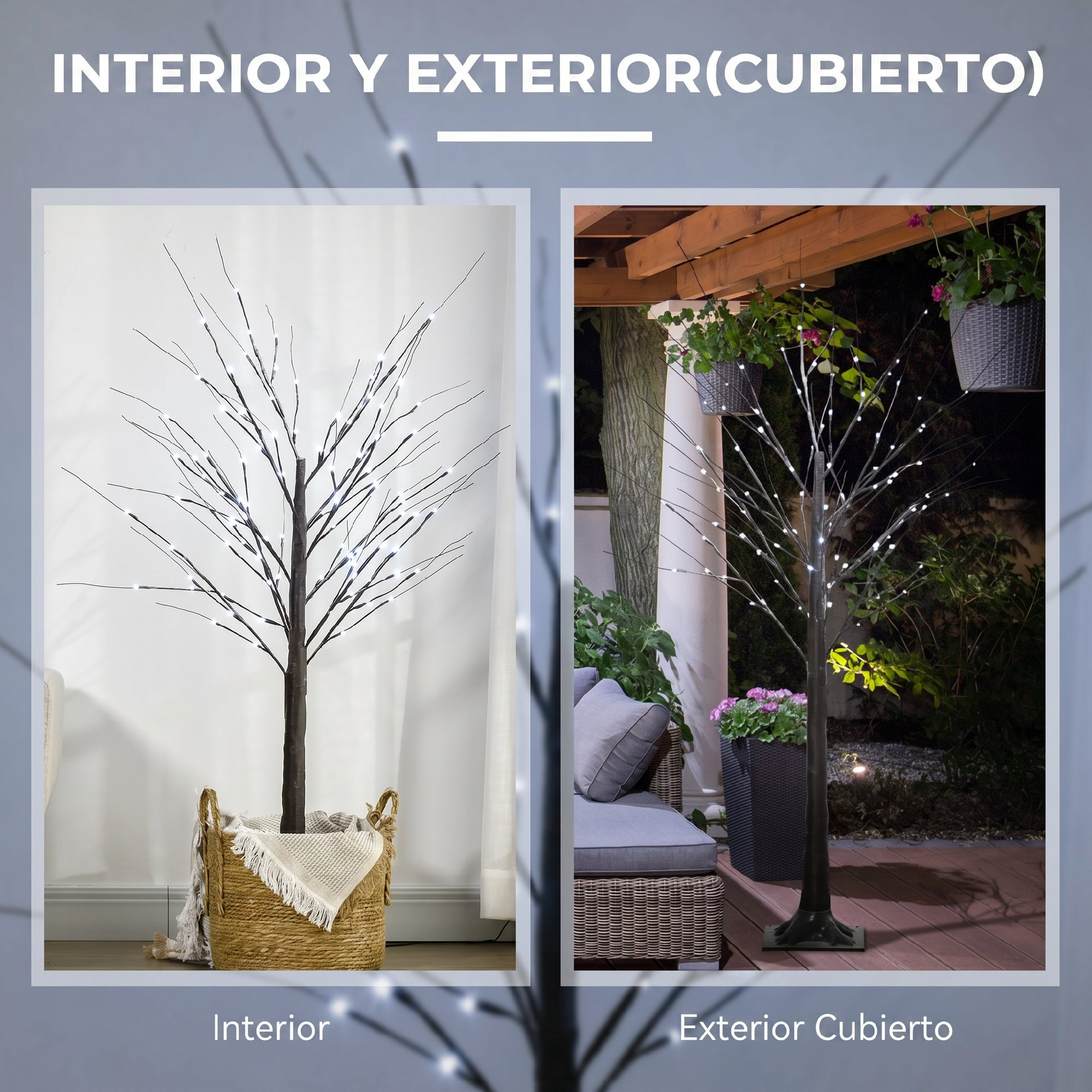 Árbol artificial iluminado con LED blancos, en una cesta a la izquierda y en un patio a la derecha.