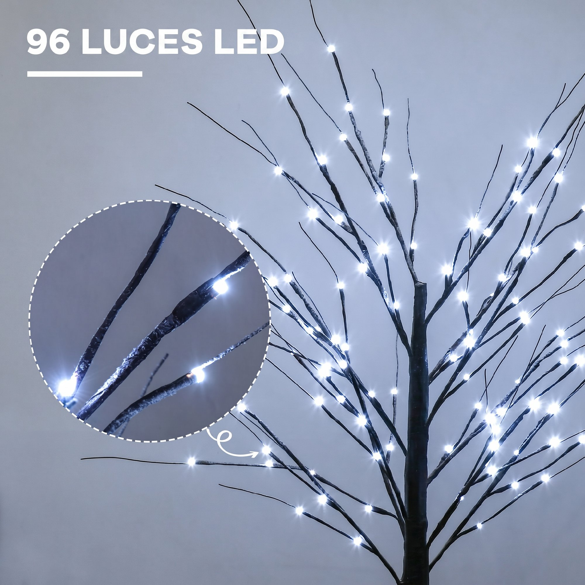 Un árbol artificial con 96 luces LED brillantes en ramas oscuras, con un círculo ampliado que muestra detalles.