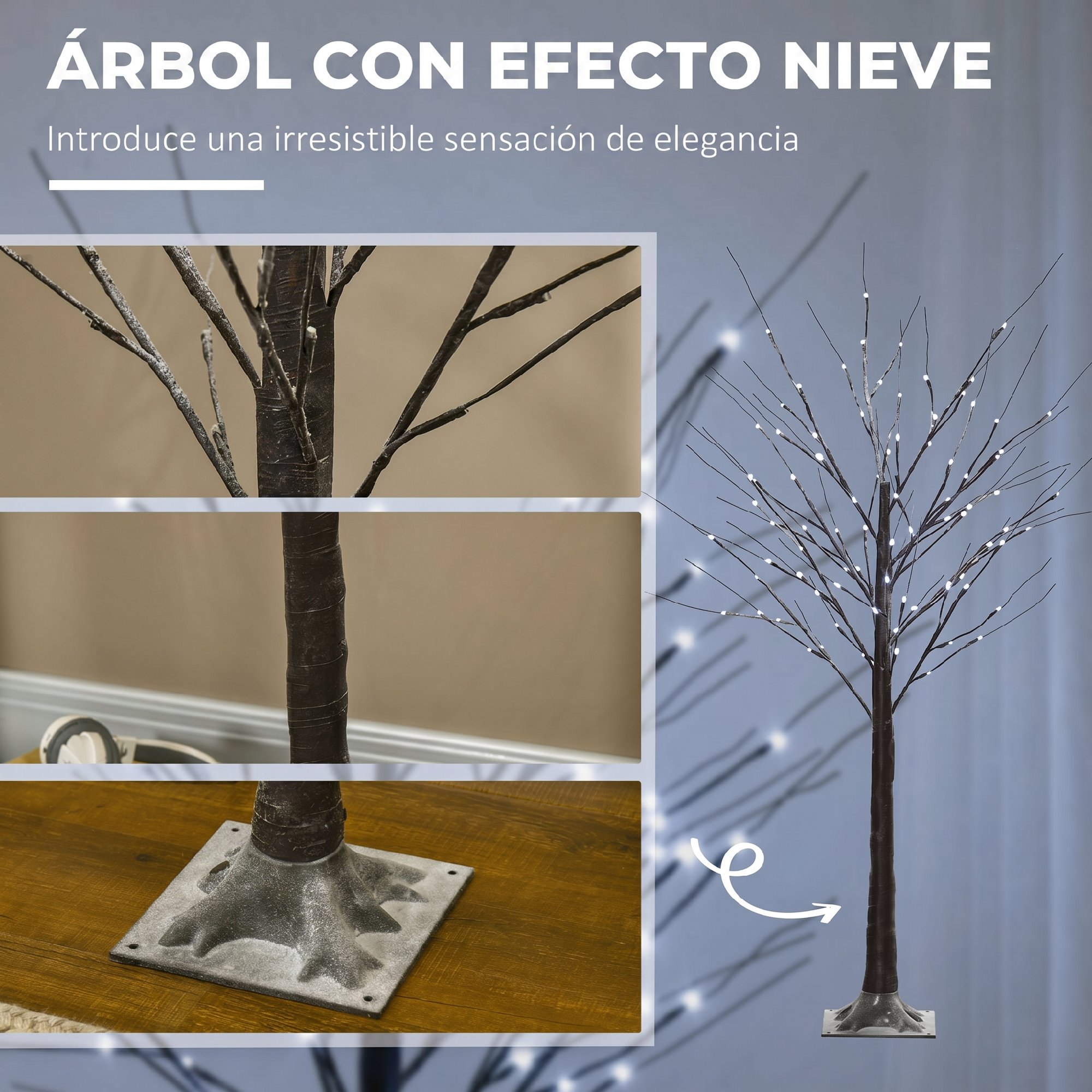 Un árbol artificial con efecto de nieve LED sobre una superficie de madera con primeros planos.