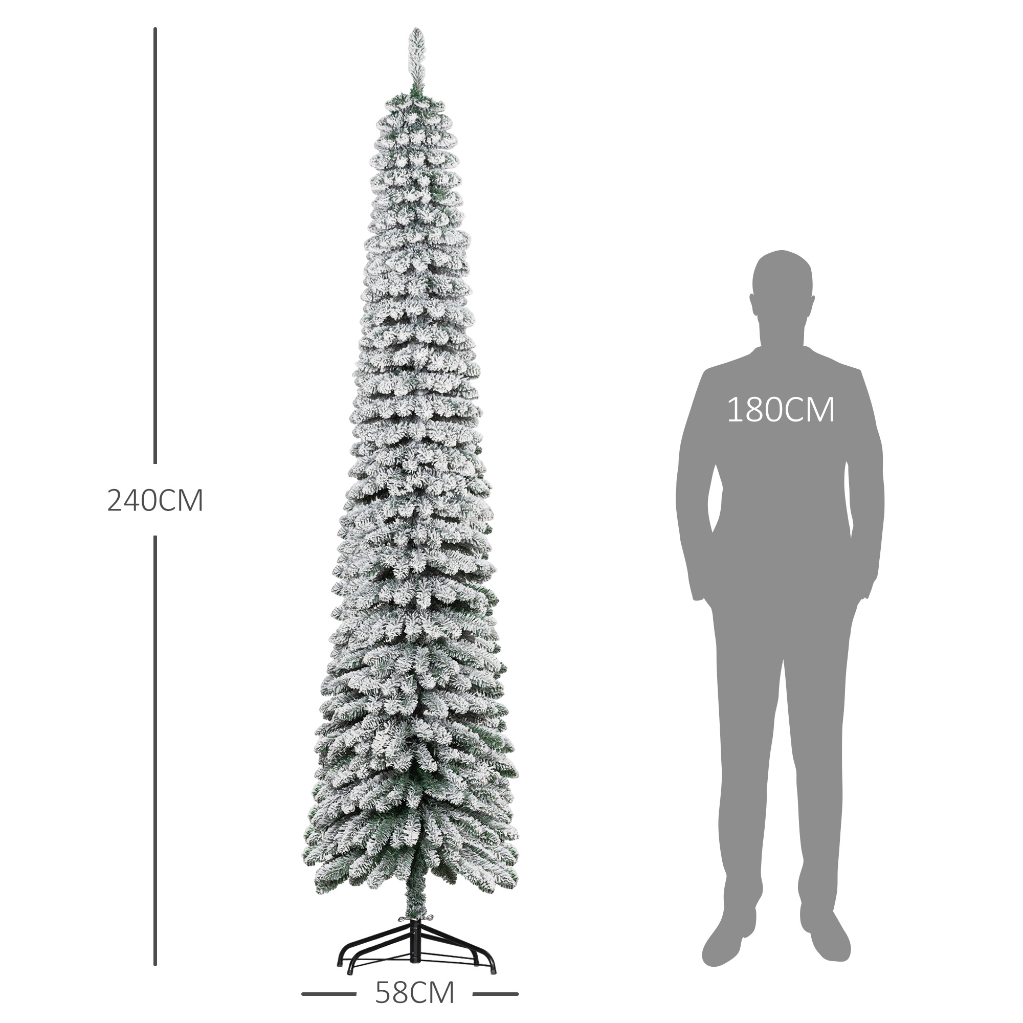 Diagrama que muestra un árbol de Navidad artificial flocado de 240 cm junto a una silueta de persona de 180 cm.