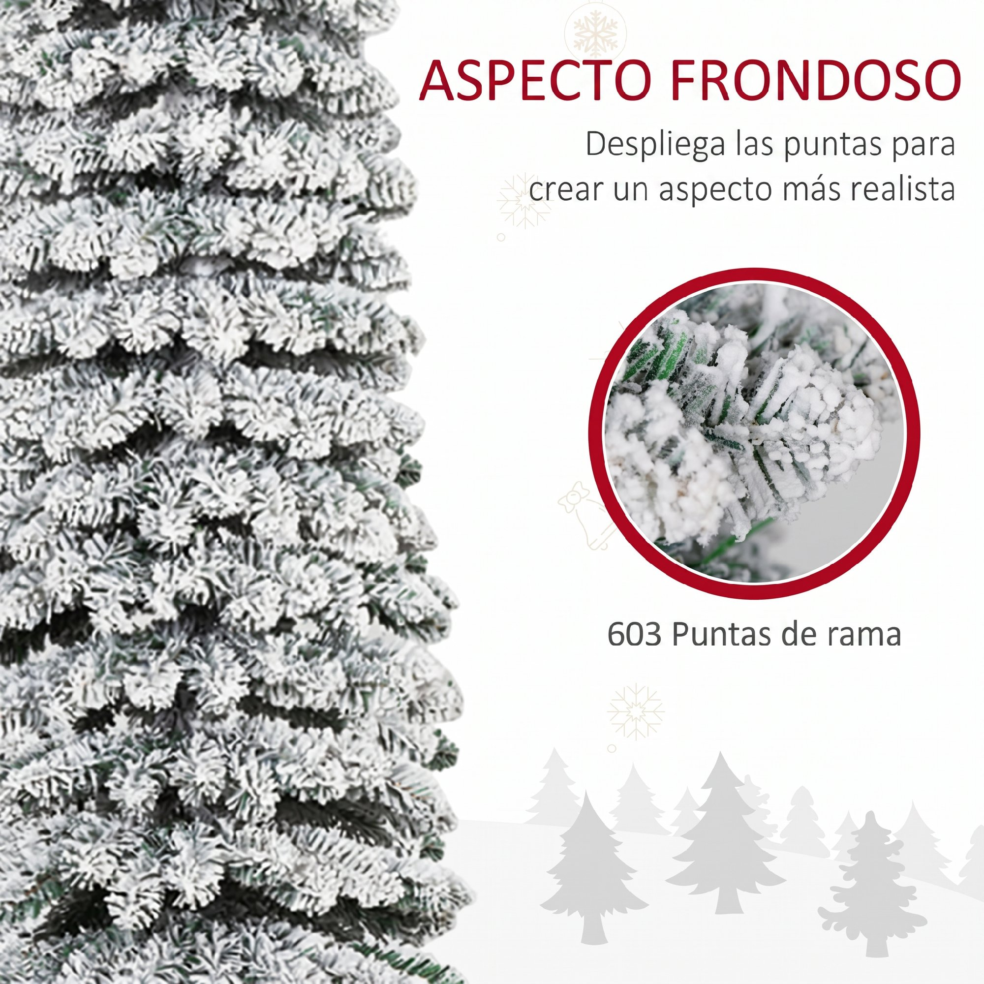 Árbol de navidad artificial nevado con 603 puntas de rama y texto.