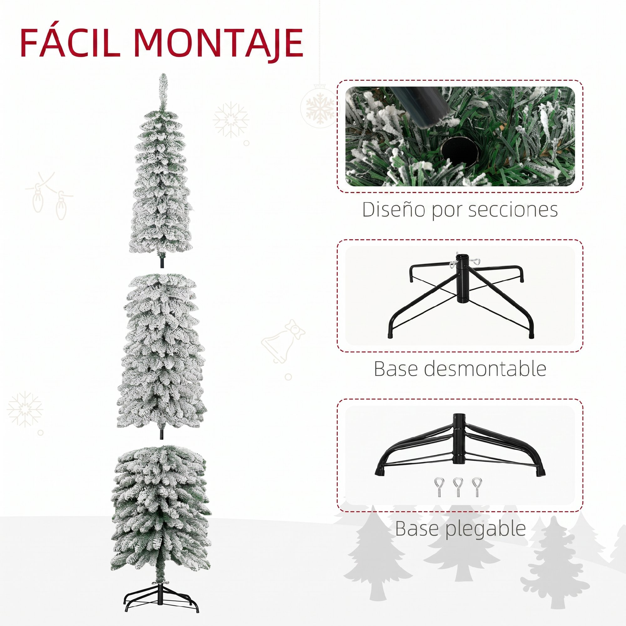Fácil montaje: árbol de Navidad artificial nevado en tres secciones con base plegable desmontable.