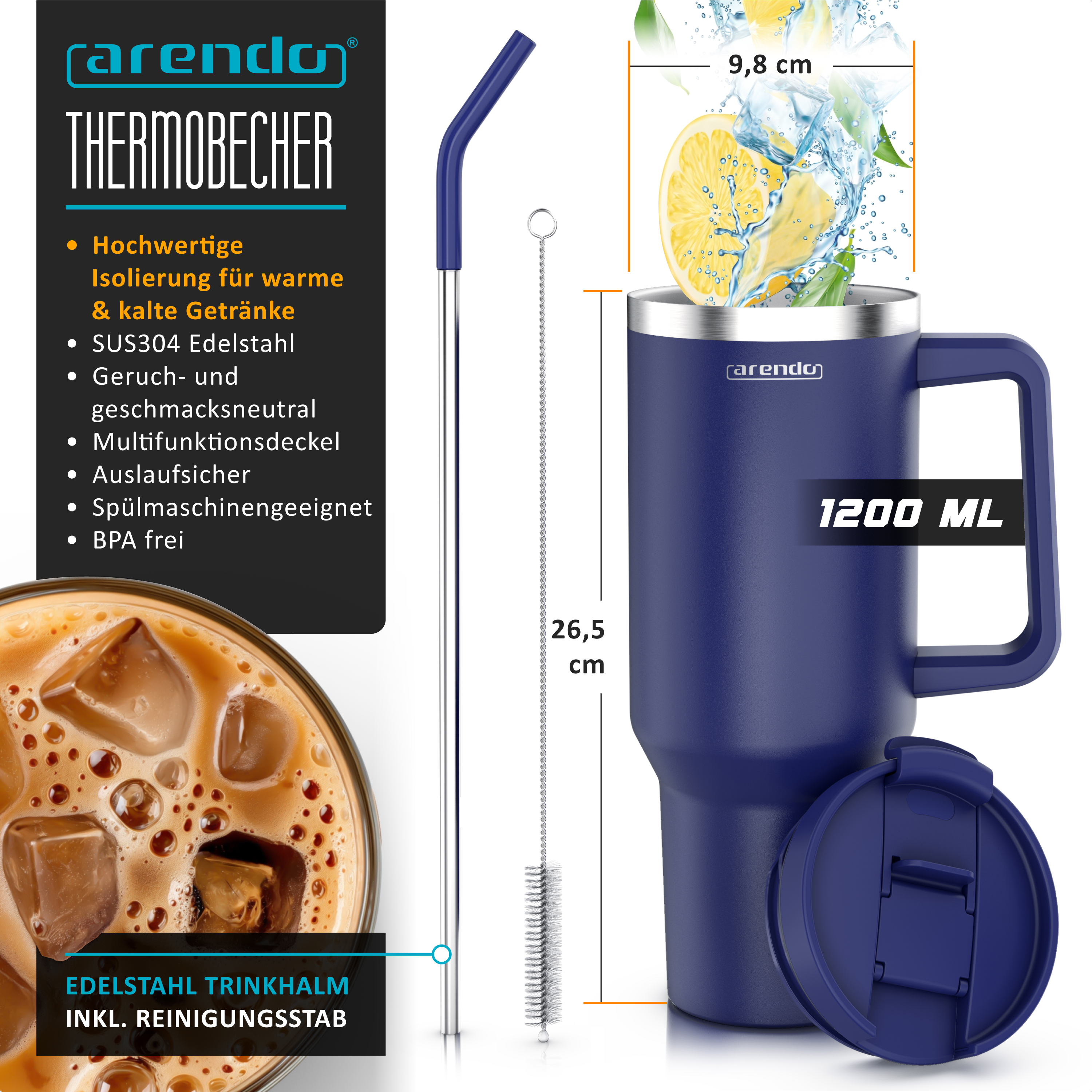 Blauer Arendo Thermobecher 1200ml mit Edelstahl-Trinkhalm, Reinigungsstab und Produktmerkmalen.