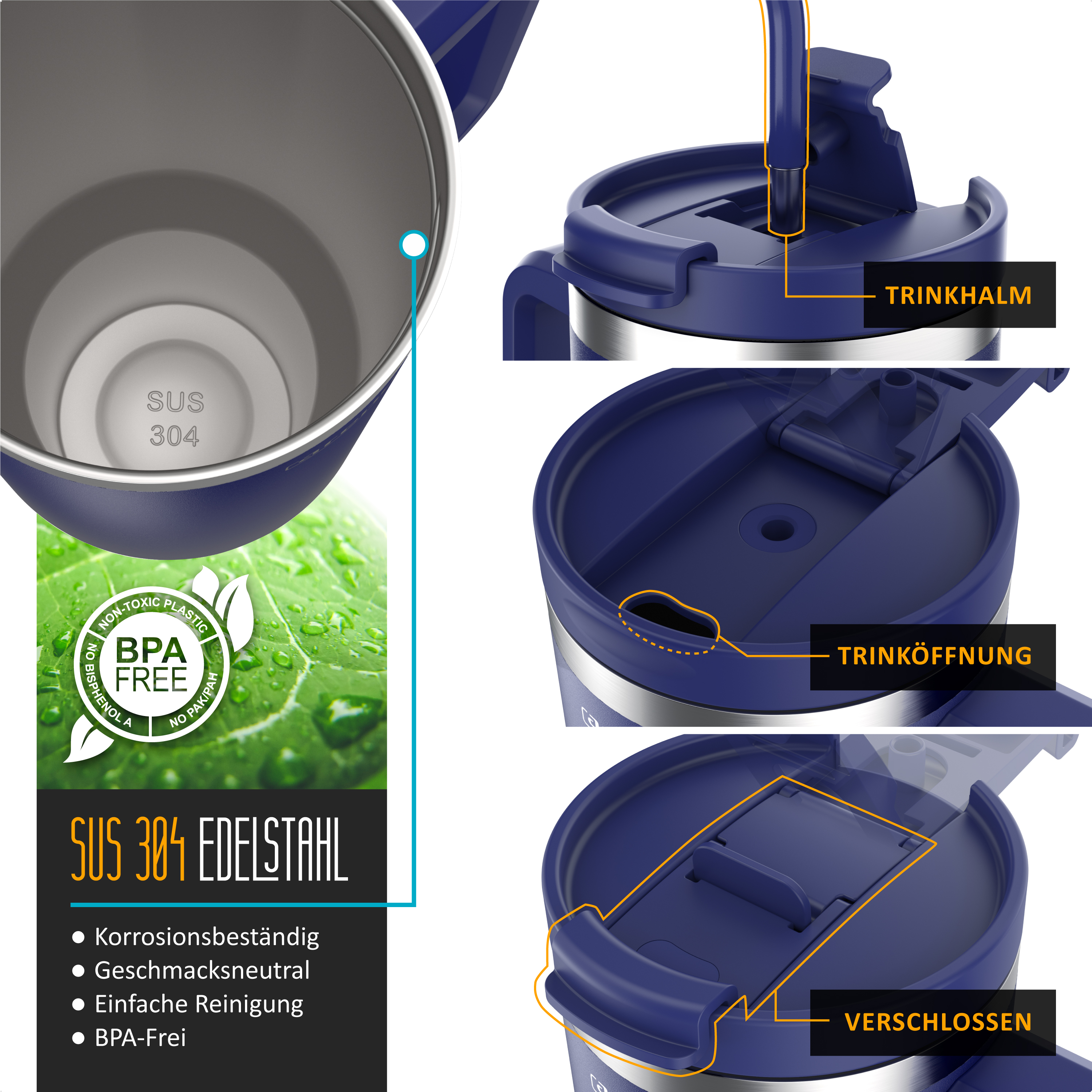 Details eines blauen Thermobechers mit Edelstahlinnenraum, Trinkhalm, Trinköffnung und Verschluss.