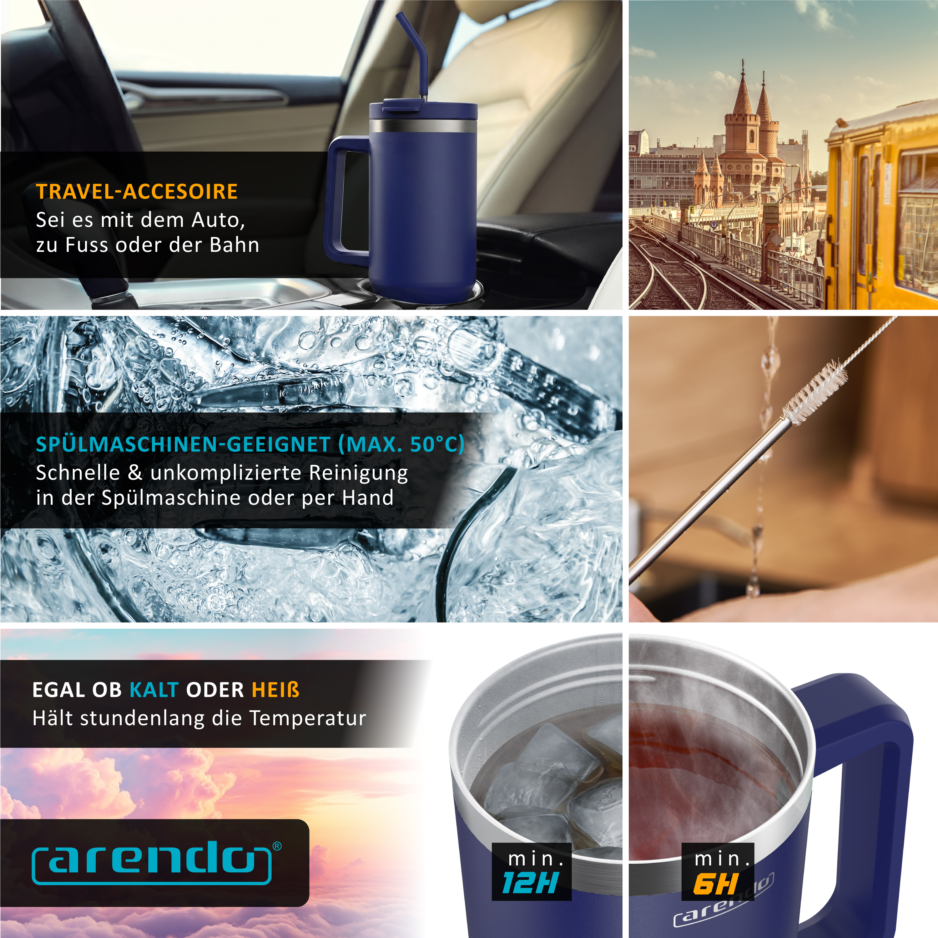 Blaue Thermosbecher in verschiedenen Szenen zeigen Handhabung, Reinigung und Temperaturerhalt.