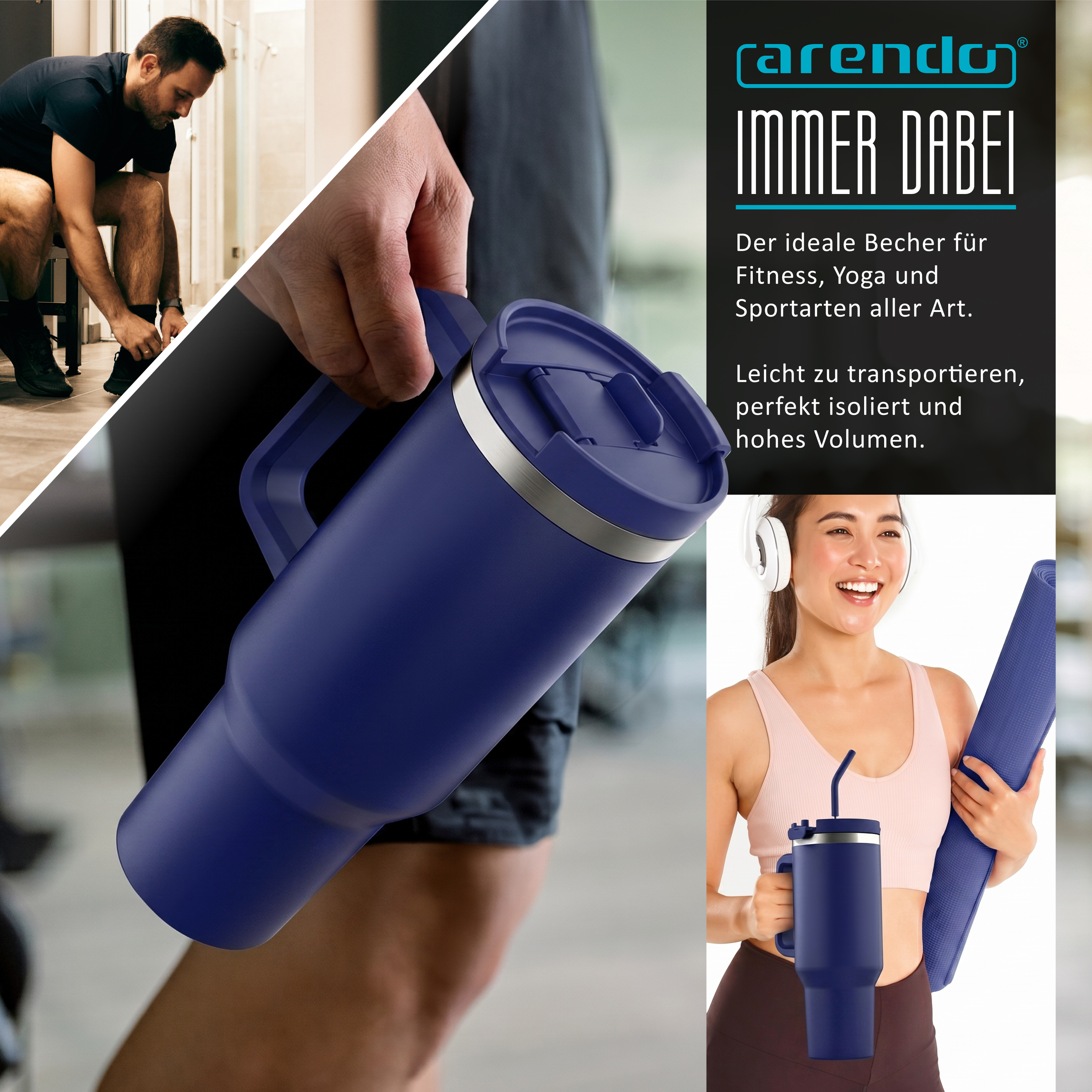 Eine Person hält einen großen blauen Reisebecher in einer Fitness-Werbung mit Text und Sportlern.