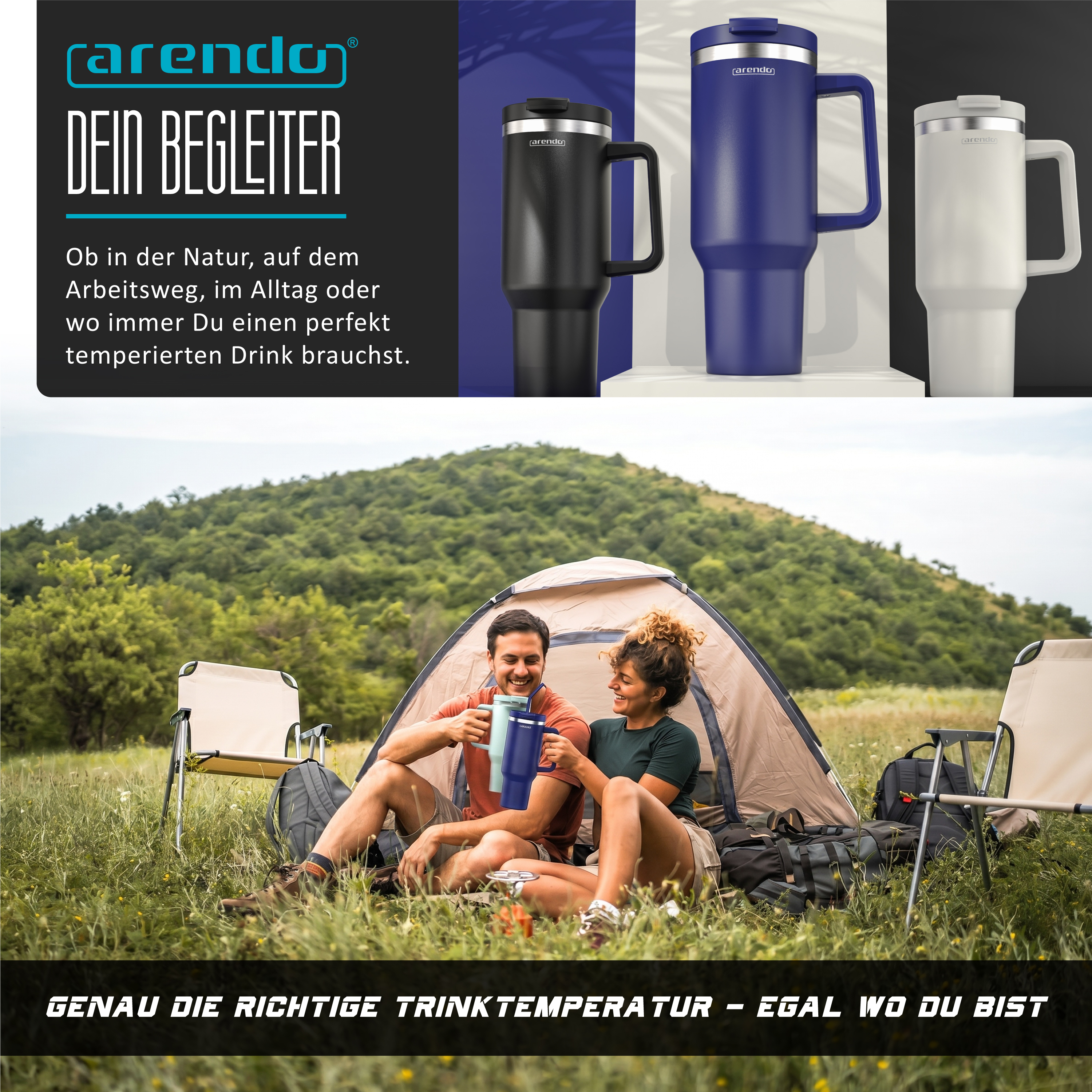 Paar sitzt vor einem Zelt in der Natur und hält Thermobecher.