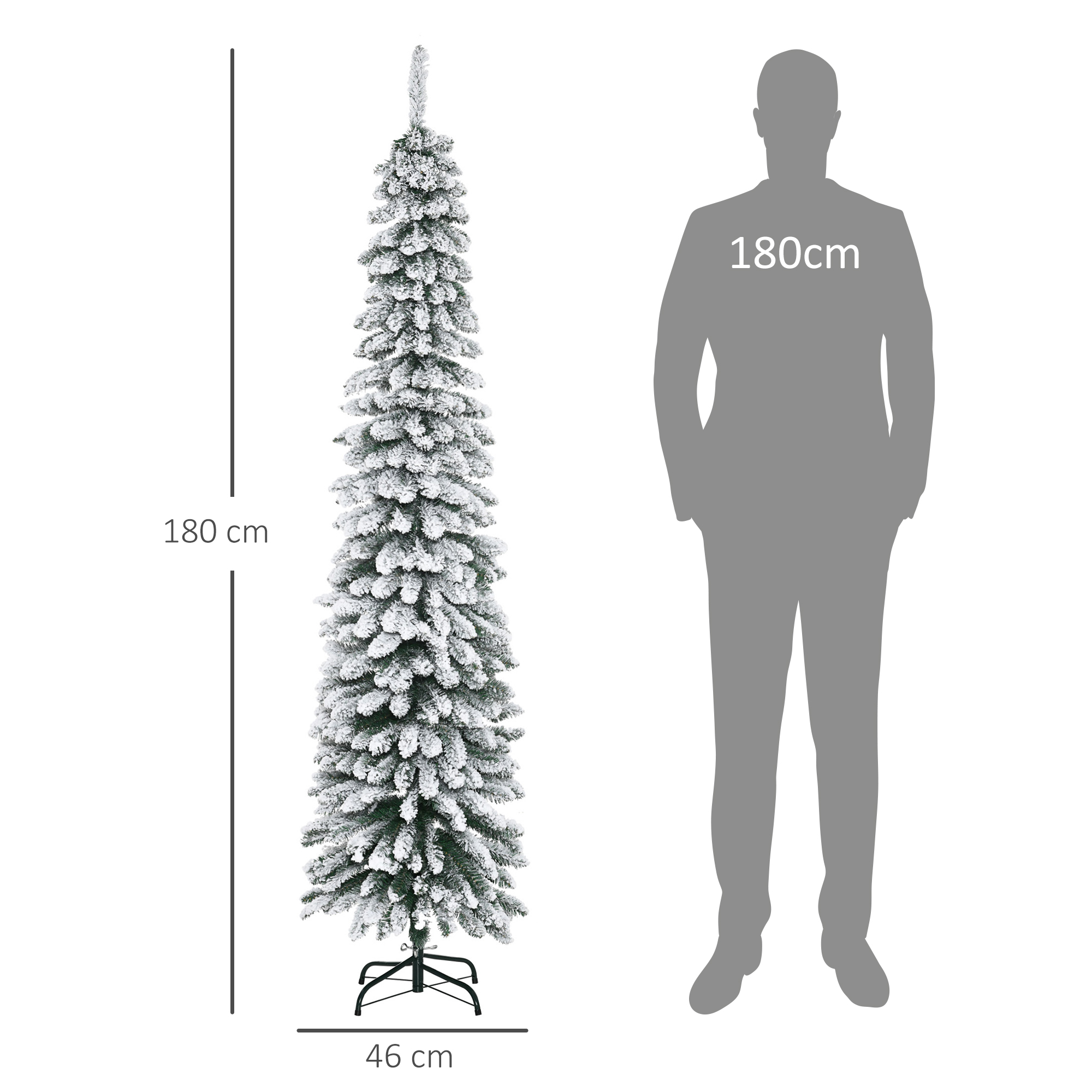 Un árbol de Navidad artificial de 180 cm de altura con nieve artificial junto a la silueta de una persona.
