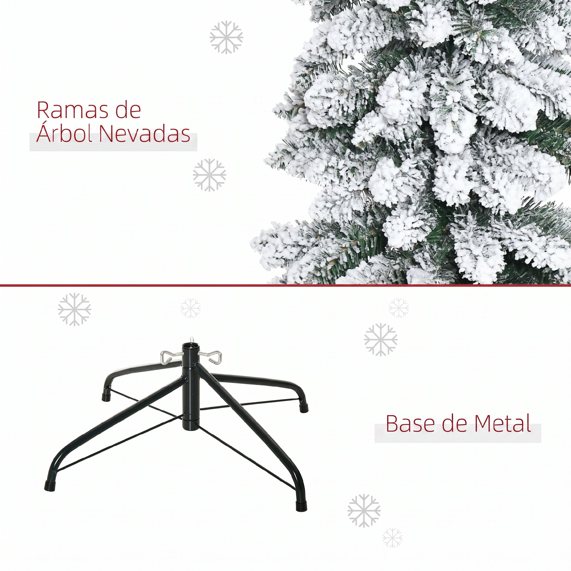 Ramas de árbol de Navidad nevadas arriba y soporte de metal negro abajo sobre fondo blanco con copos de nieve.