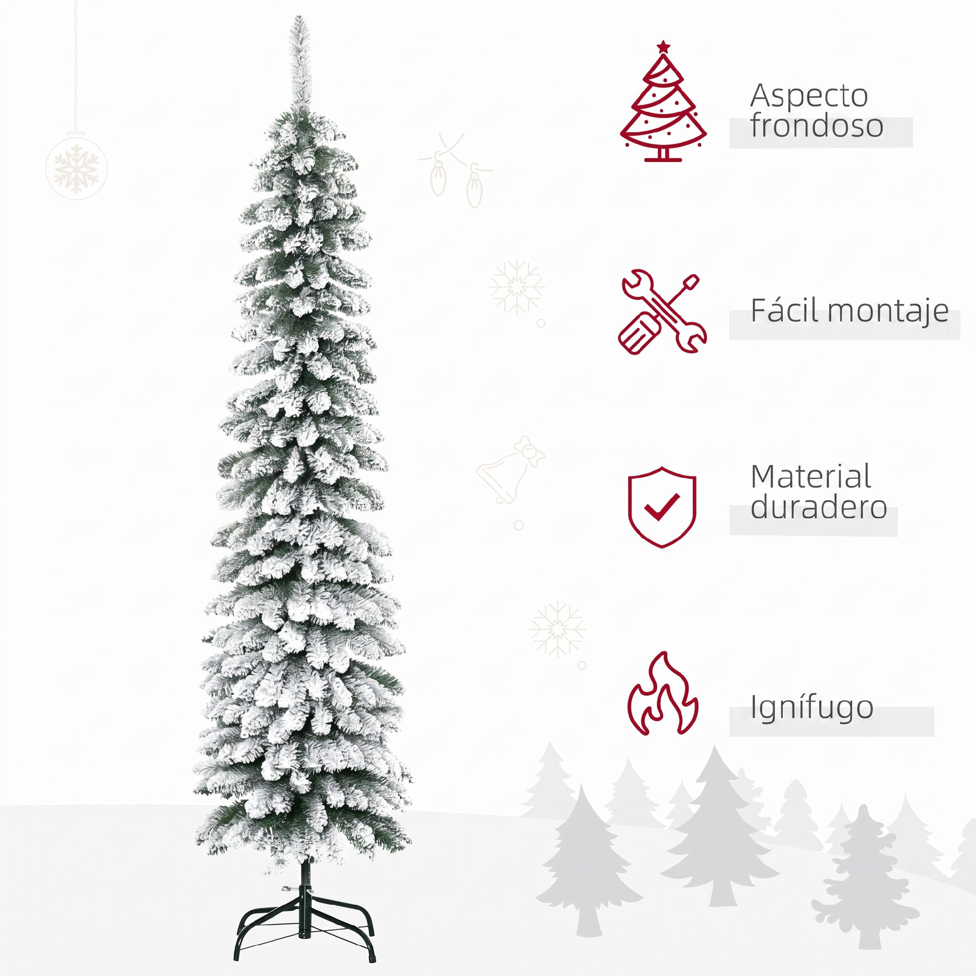 Árbol de Navidad artificial nevado y delgado con cuatro iconos de características rojas a la derecha.