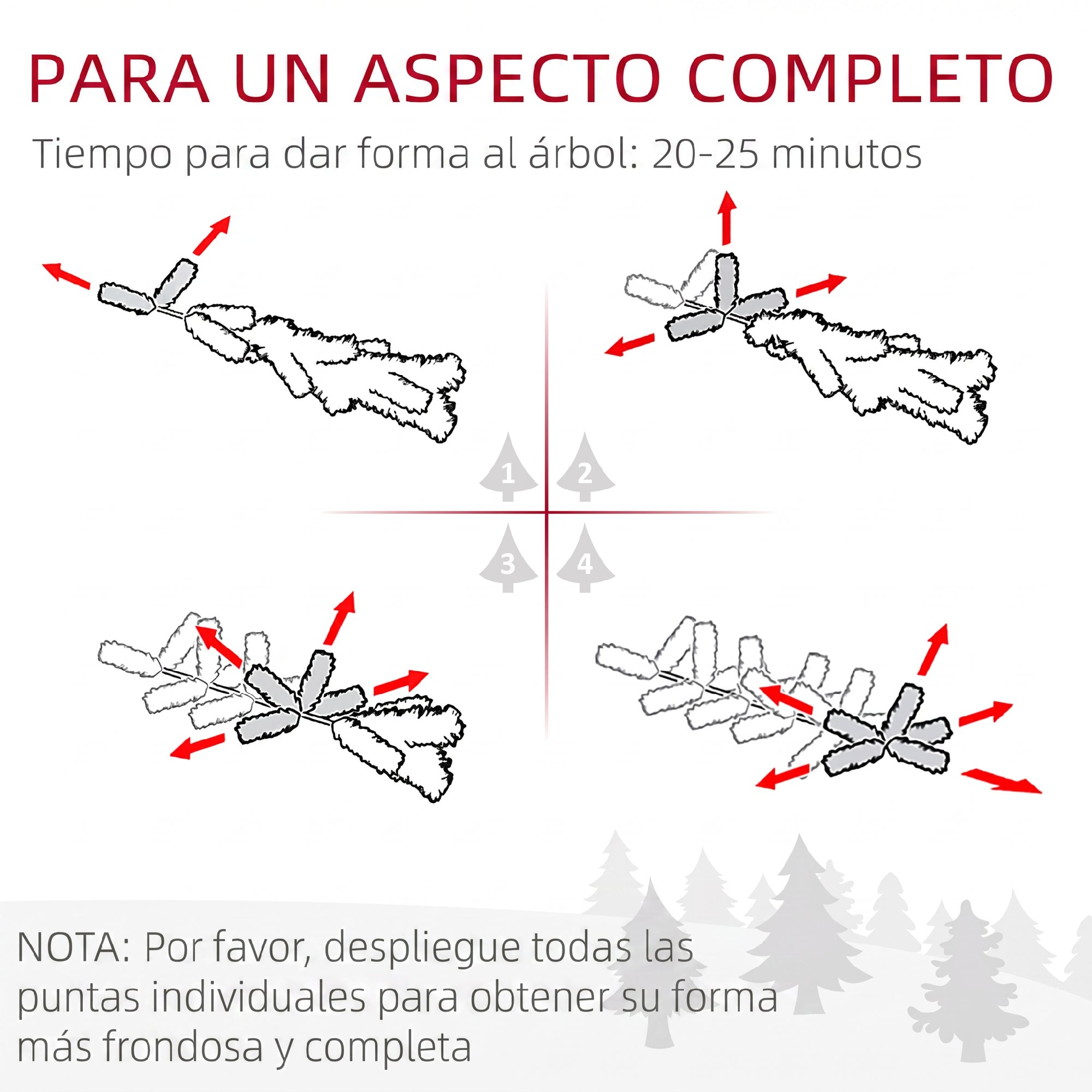 Guía de cuatro pasos para dar forma a las ramas de un árbol de Navidad artificial, con flechas rojas.