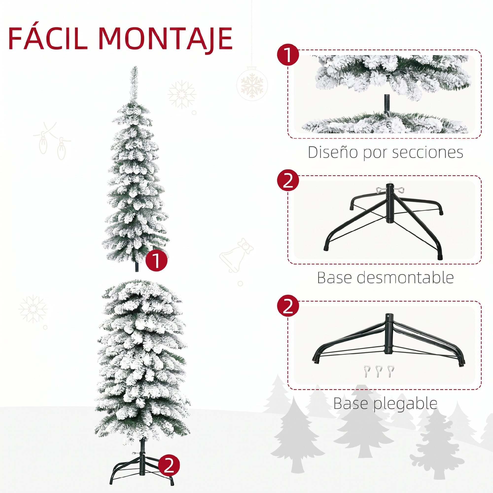 Fácil montaje: árbol de Navidad nevado con diseño por secciones y soporte de metal plegable.