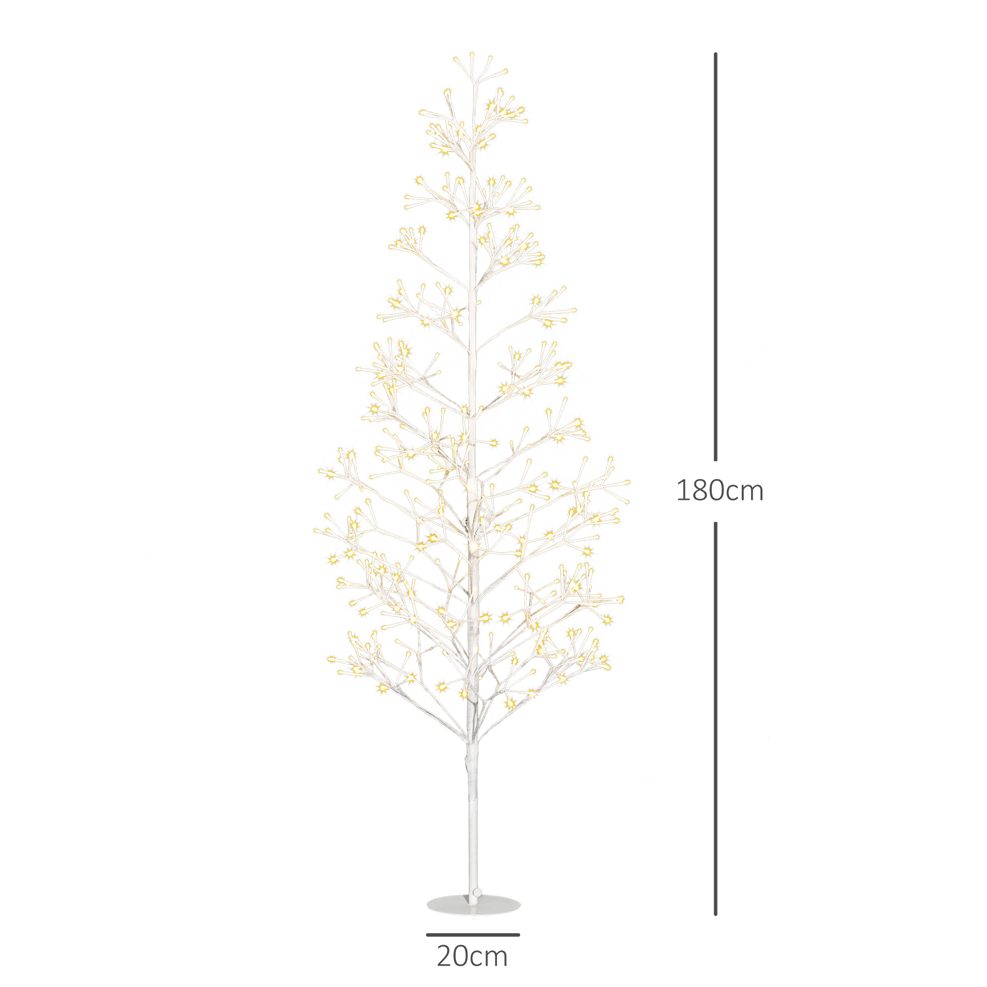 Un árbol de Navidad LED blanco e iluminado, de 180 cm de alto y 20 cm de ancho, sobre fondo blanco.