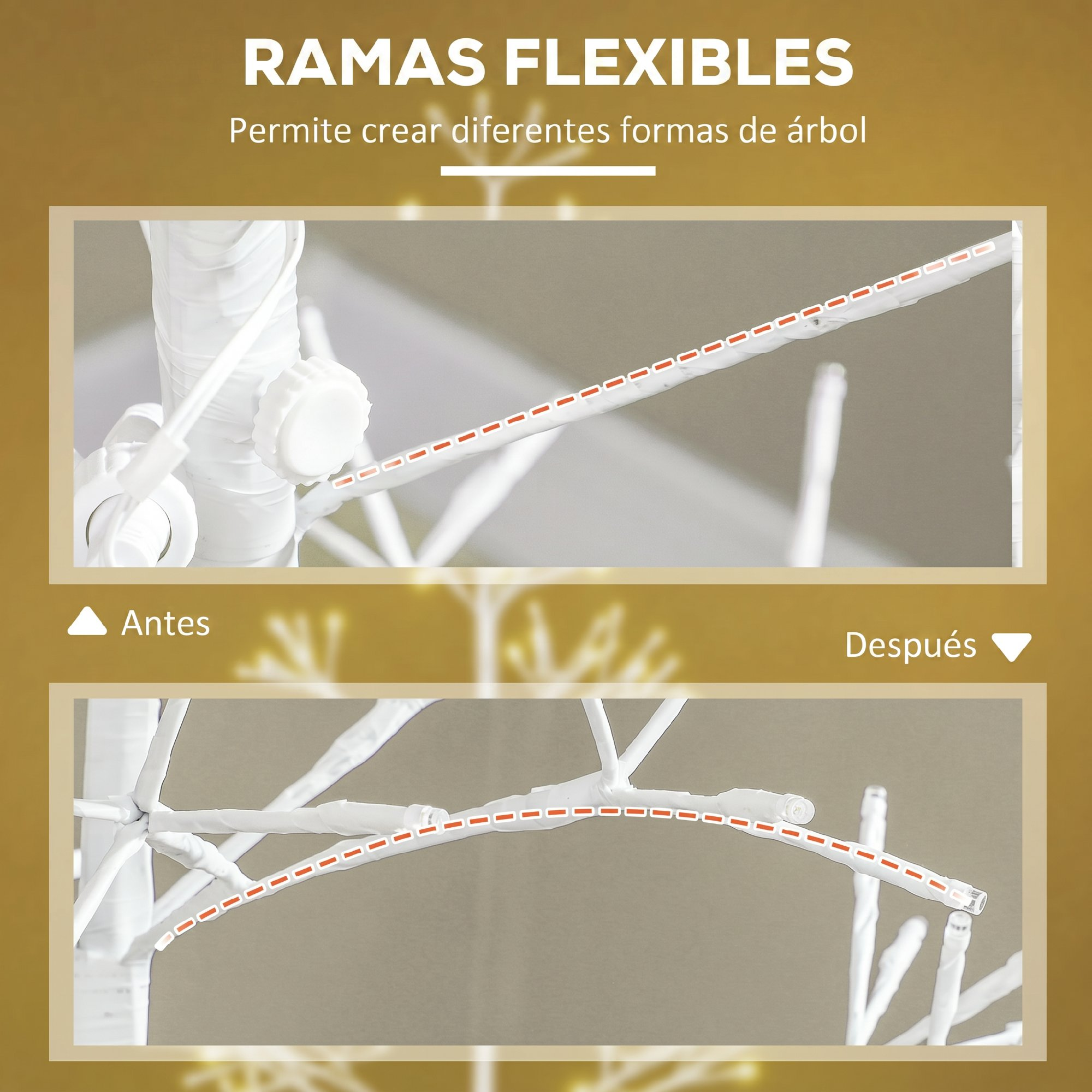 Comparación de antes y después de ramas de árbol blancas y flexibles con formas rectas y curvas.